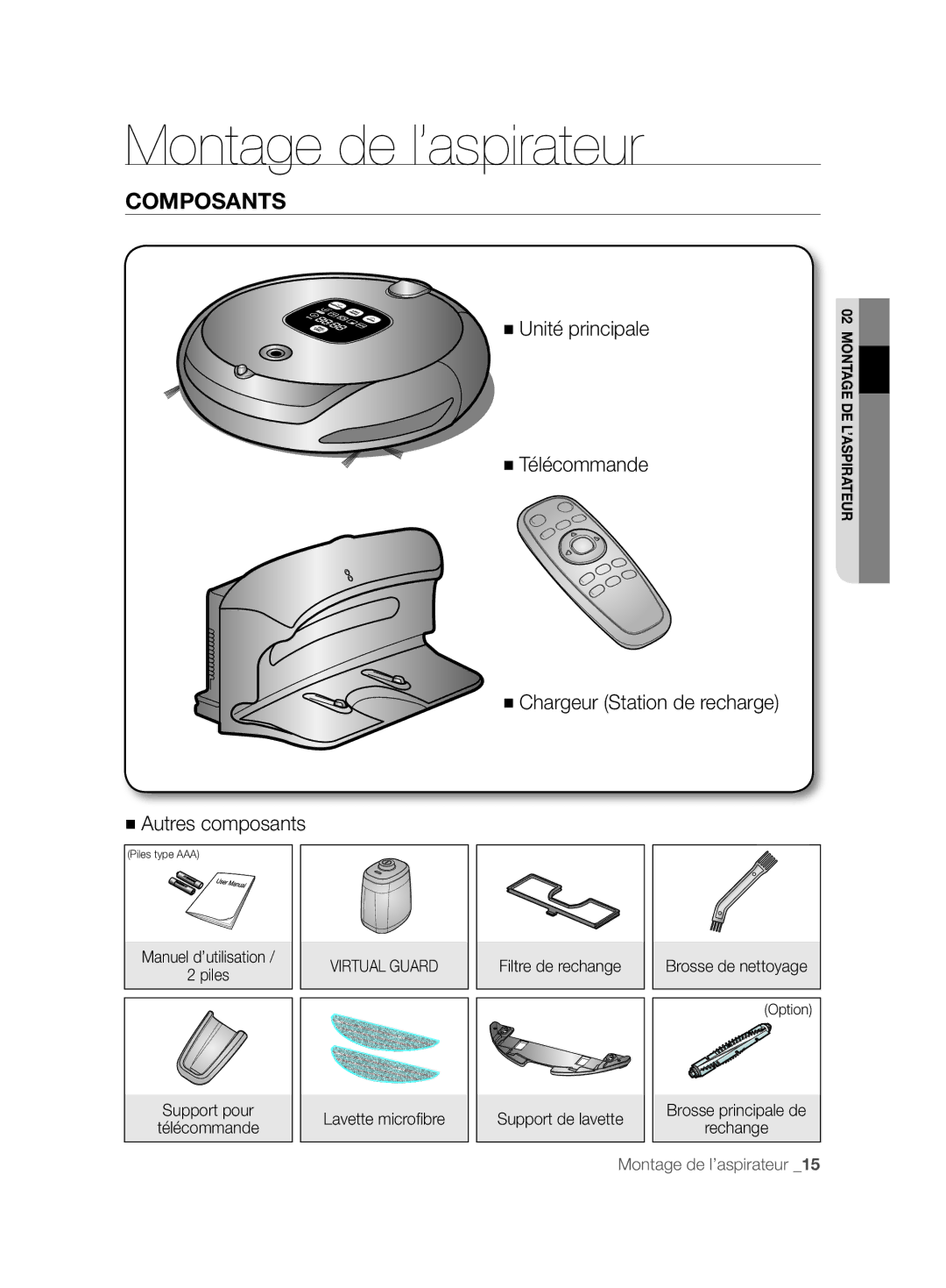 Samsung VCR8894L3R/XEG, VCR8896L3R/SWS Montage de l’aspirateur, Composants, Filtre de rechange, Support pour Télécommande 