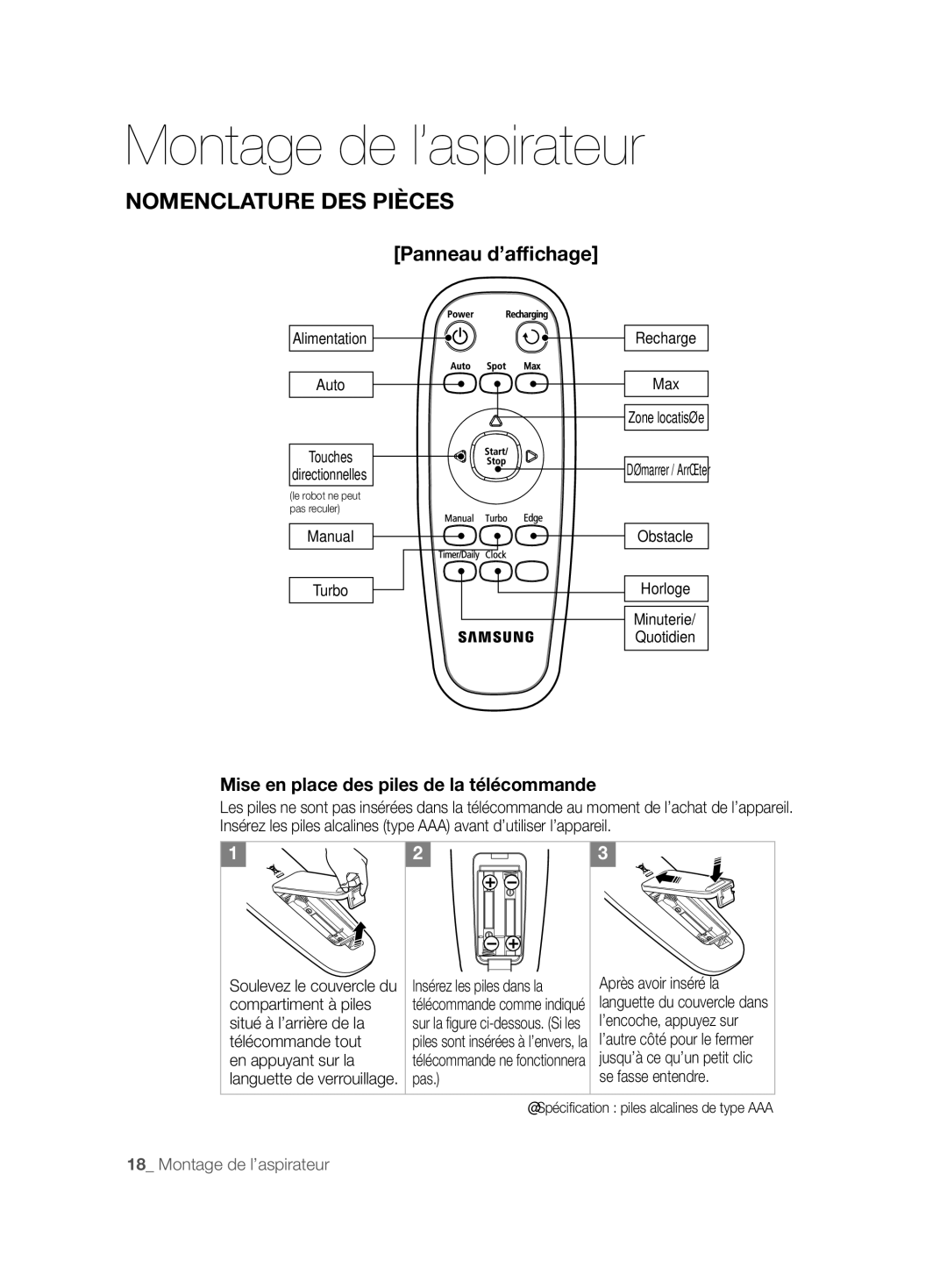 Samsung VCR8894L3R/XEG, VCR8896L3R/SWS, VCR8896L3B/XEG manual Panneau d’afﬁchage, Mise en place des piles de la télécommande 