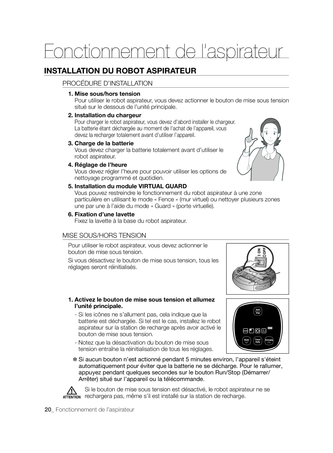 Samsung VCR8896L3B/XEG manual Fonctionnement de l’aspirateur, Installation DU Robot Aspirateur, Procédure D’INSTALLATION 