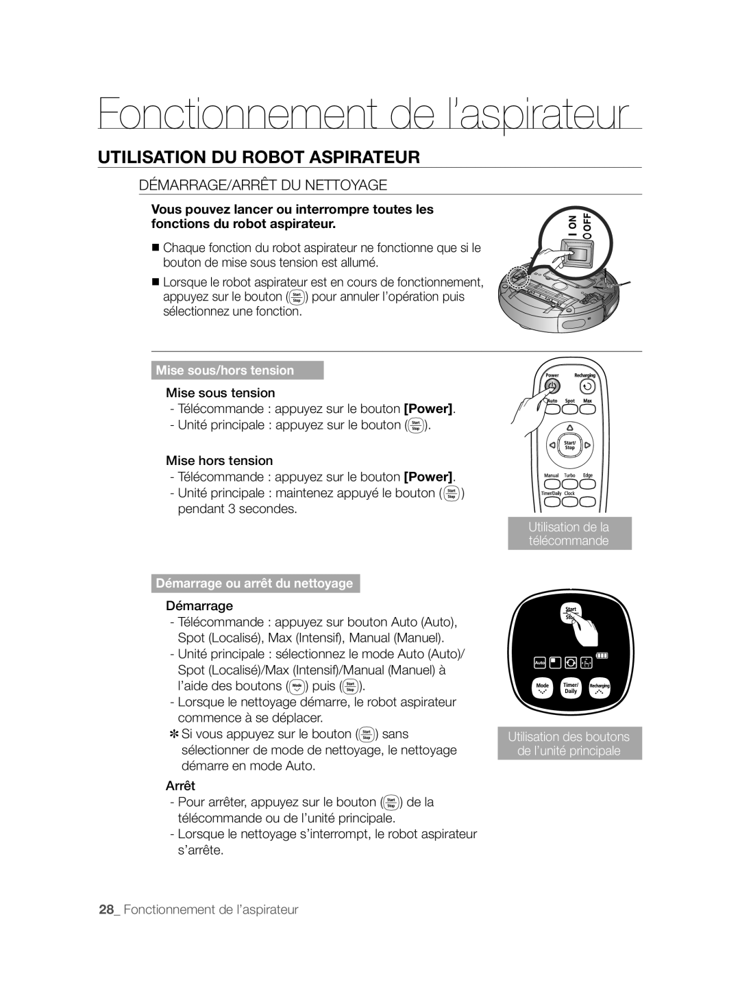 Samsung VCR8896L3R/SWS manual DÉMARRAGE/ARRÊT DU Nettoyage, Mise sous/hors tension, Démarrage ou arrêt du nettoyage 