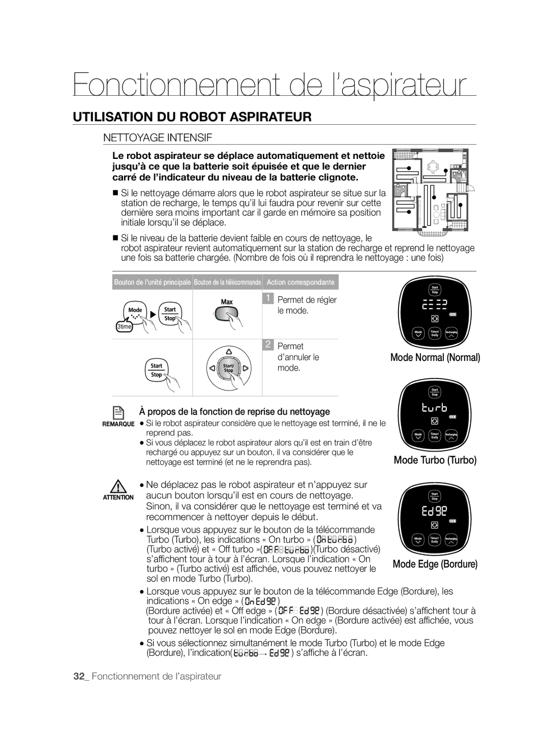 Samsung VCR8896L3B/XEG, VCR8894L3R/XEG, VCR8896L3R/SWS manual Nettoyage Intensif, Mode Turbo Turbo Mode Edge Bordure 