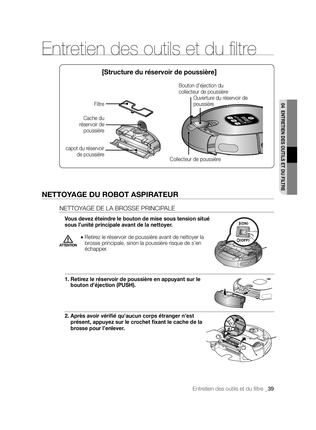 Samsung VCR8894L3R/XEG, VCR8896L3R/SWS manual Structure du réservoir de poussière, Nettoyage DE LA Brosse Principale 