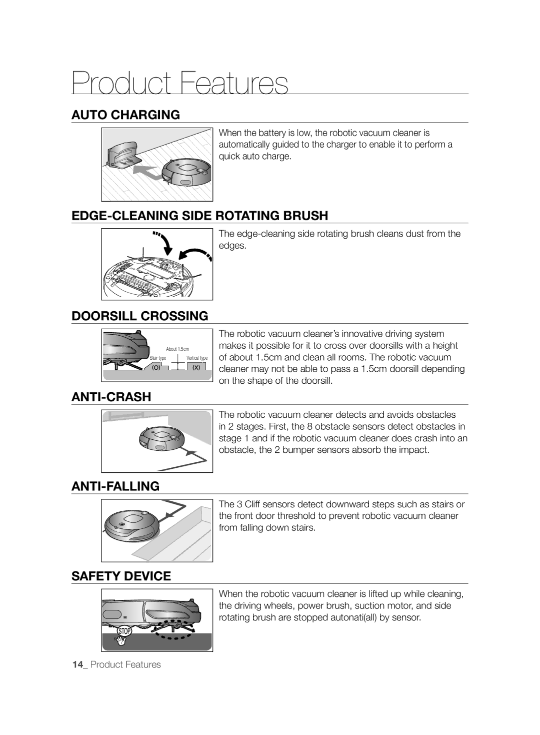 Samsung VCR8894L3R/XET manual Auto Charging, EDGE-CLEANING Side Rotating Brush, Doorsill Crossing, Anti-Crash, Anti-Falling 