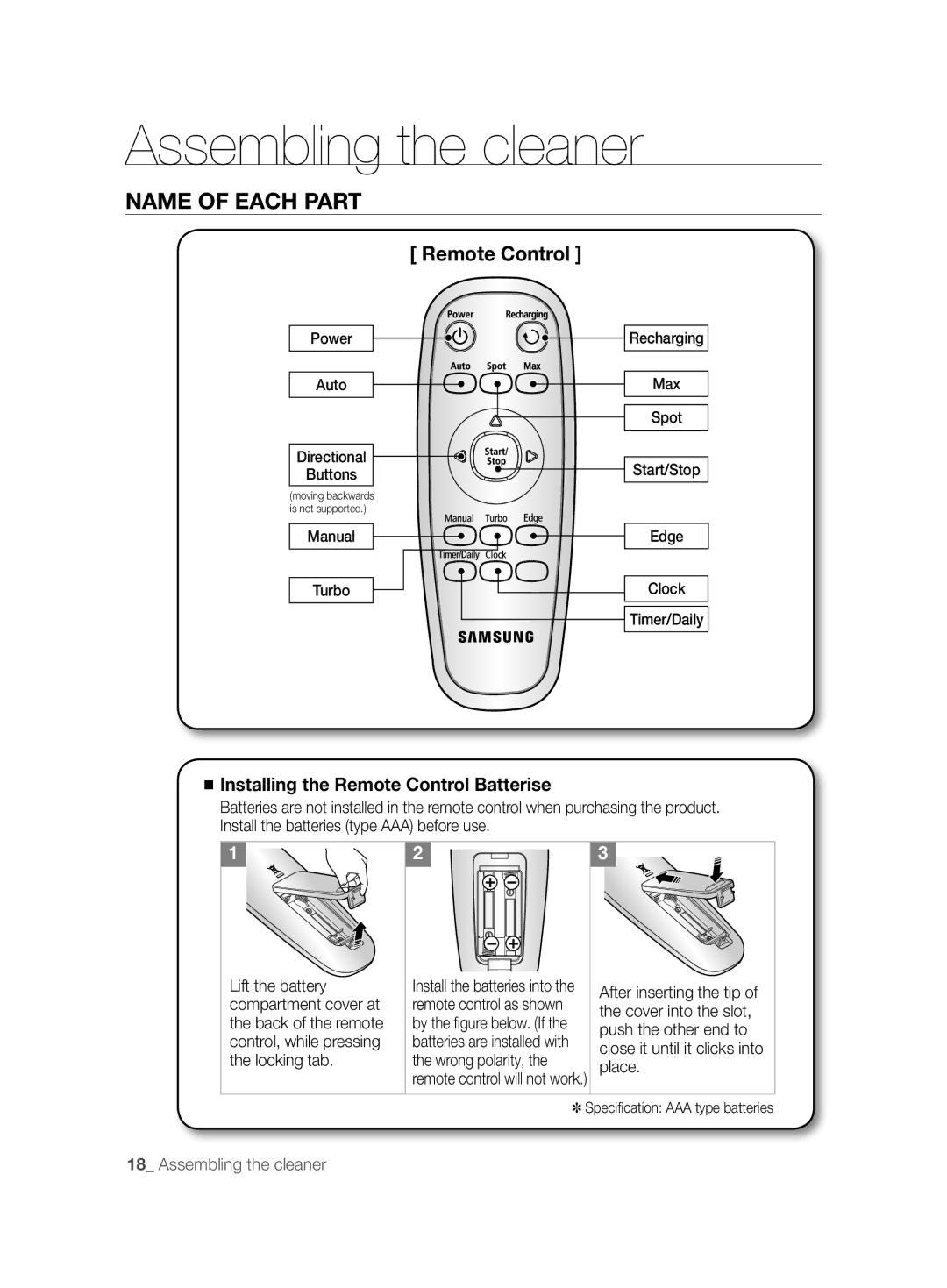 Samsung VCR8894L3R/XET manual Installing the Remote Control Batterise 