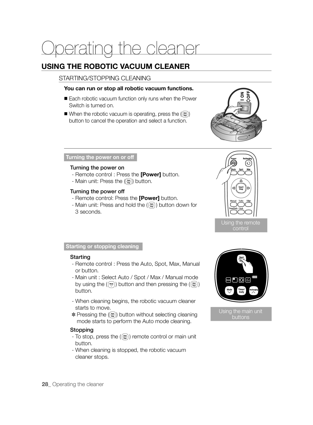 Samsung VCR8894L3R/XET manual STARTING/STOPPING Cleaning, You can run or stop all robotic vacuum functions 