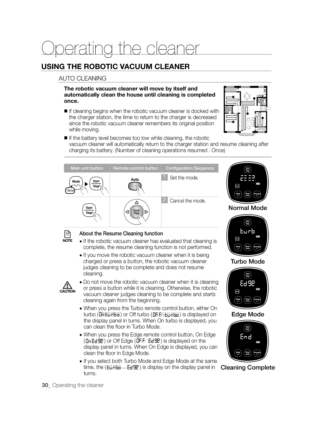 Samsung VCR8894L3R/XET manual Auto Cleaning, Judges cleaning to be complete and does not resume Cleaning, Turns 