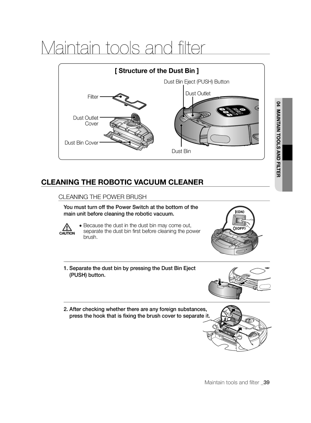 Samsung VCR8894L3R/XET manual Structure of the Dust Bin, Cleaning the Power Brush 