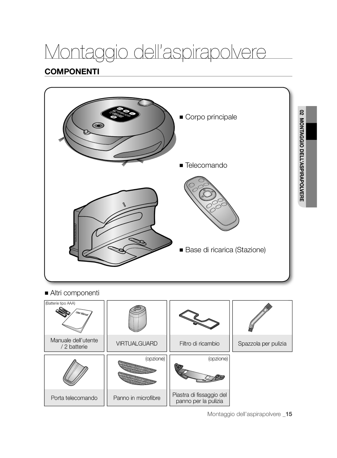 Samsung VCR8894L3R/XET manual Montaggio dell’aspirapolvere, Componenti, Manuale dell’utente Batterie Porta telecomando 