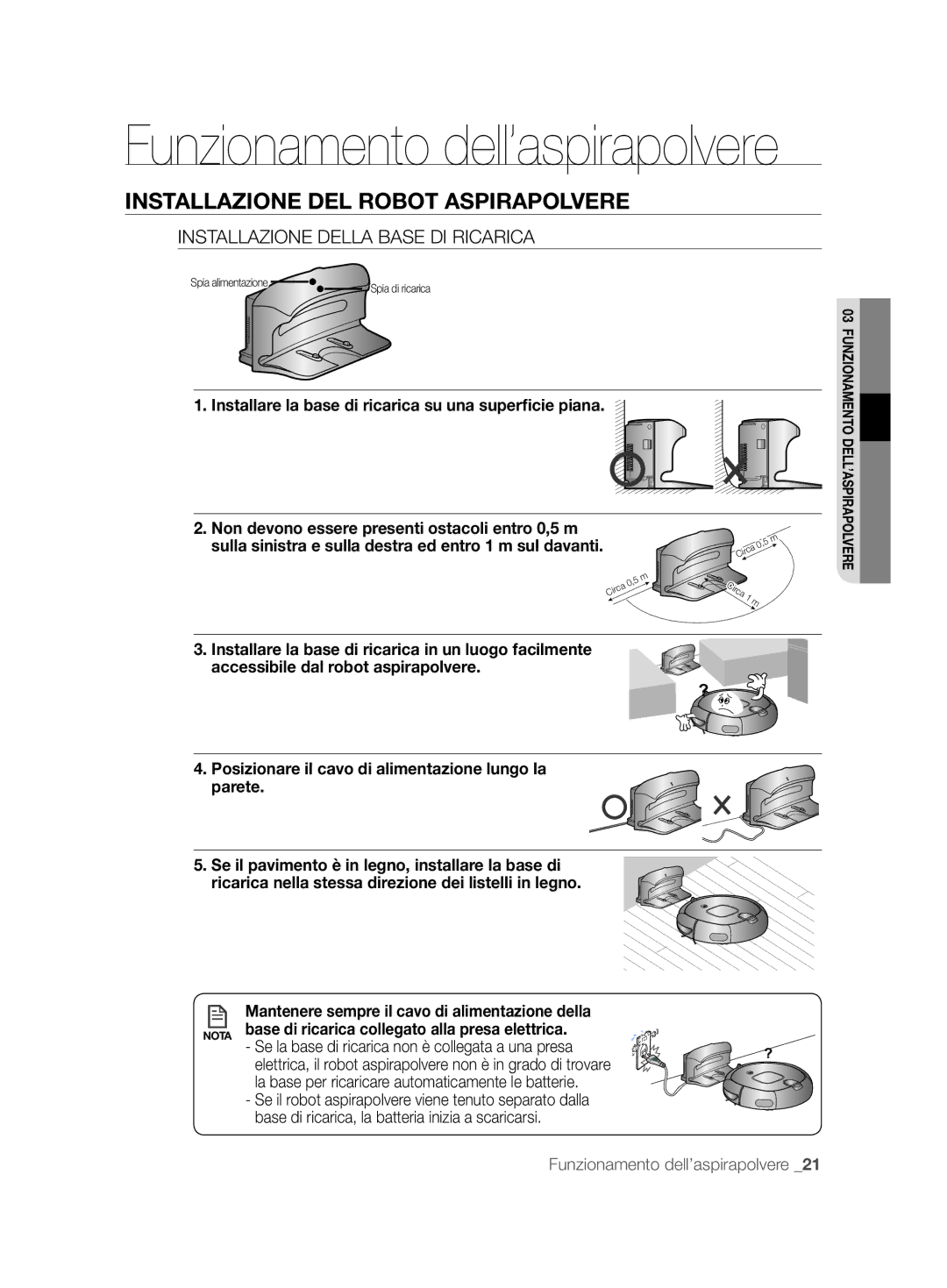 Samsung VCR8894L3R/XET manual Funzionamento dell’aspirapolvere, Installazione Della Base DI Ricarica 