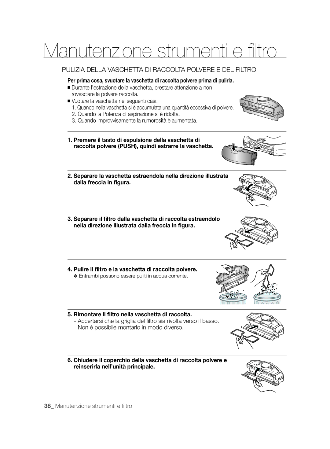 Samsung VCR8894L3R/XET manual Pulizia Della Vaschetta DI Raccolta Polvere E DEL Filtro 