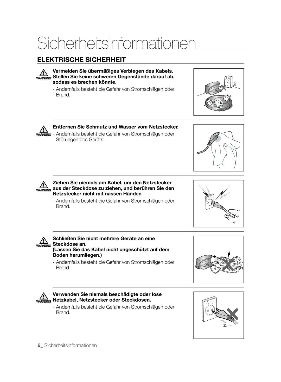 Samsung VCR8894L3R/XET manual Elektrische Sicherheit, Andernfalls besteht die Gefahr von Stromschlägen oder Brand 