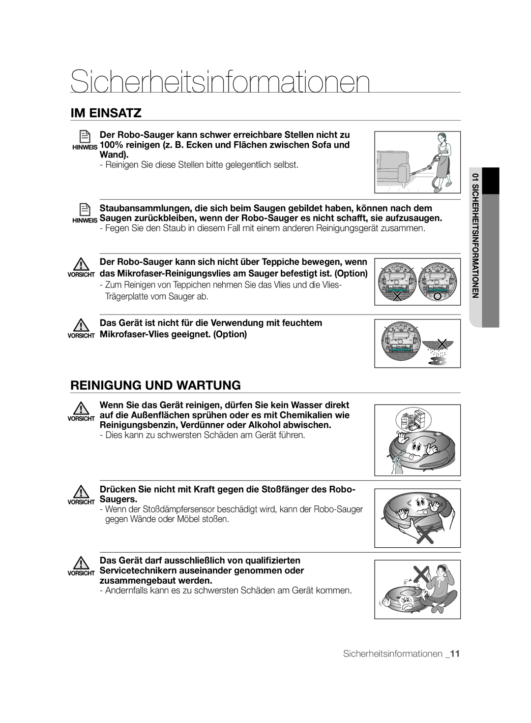 Samsung VCR8894L3R/XET manual Reinigung UND Wartung, Drücken Sie nicht mit Kraft gegen die Stoßfänger des Robo 