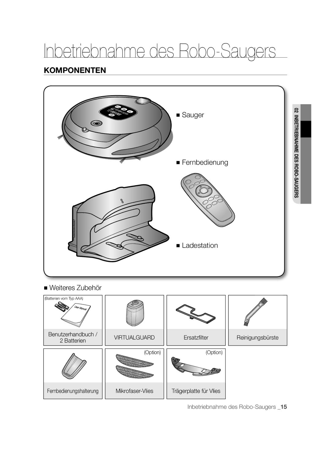 Samsung VCR8894L3R/XET manual Komponenten, Benutzerhandbuch Batterien, Ersatzﬁ lter, Reinigungsbürste 