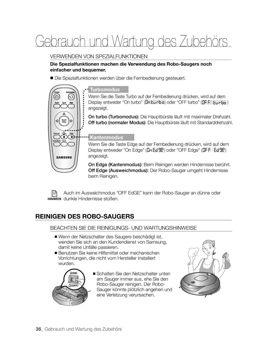 Samsung VCR8894L3R/XET manual Reinigen DES ROBO-SAUGERS, Verwenden VON Spezialfunktionen 