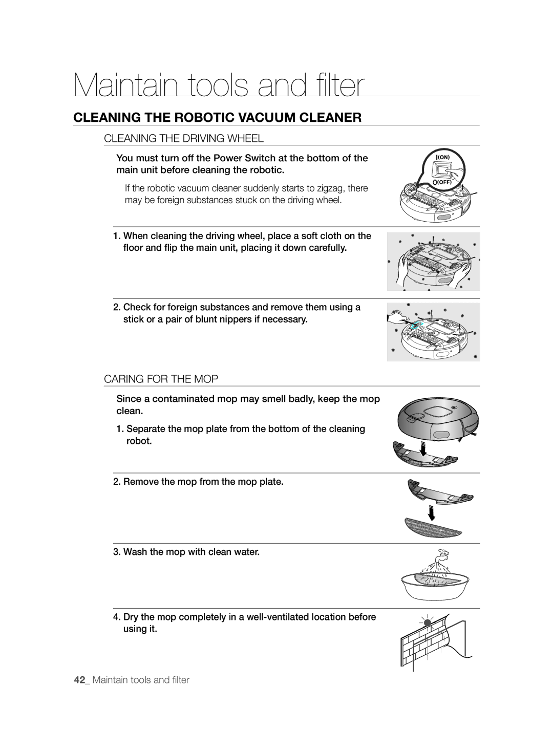 Samsung VCR8895L3A/XEO, VCR8895L3A/XEF, VCR8895L3B/XAG manual Cleaning the Driving Wheel, Caring for the MOP 