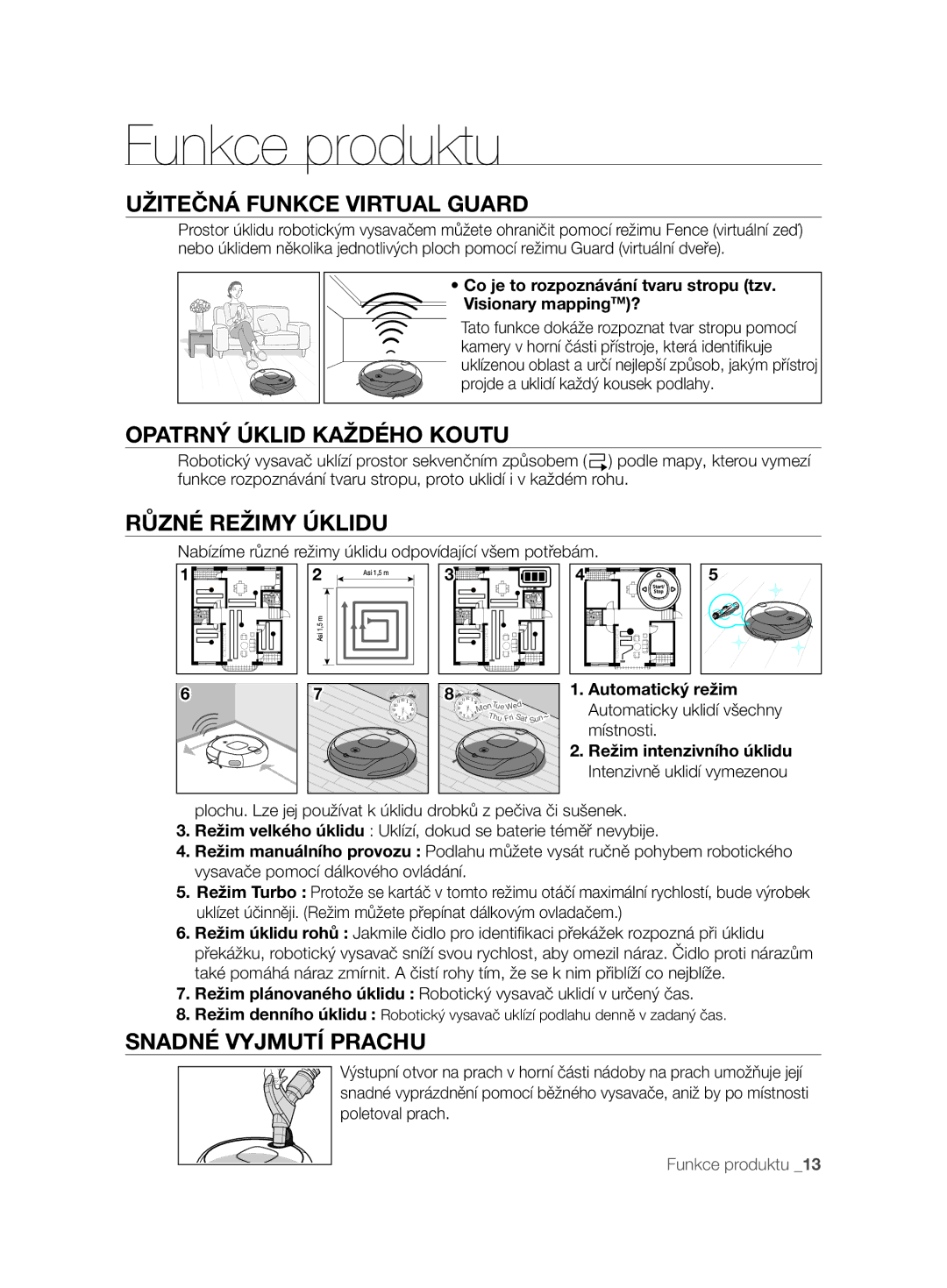 Samsung VCR8895L3B/XAG Funkce produktu, Užitečná Funkce Virtual Guard, Opatrný Úklid Každého Koutu, Různé Režimy Úklidu 