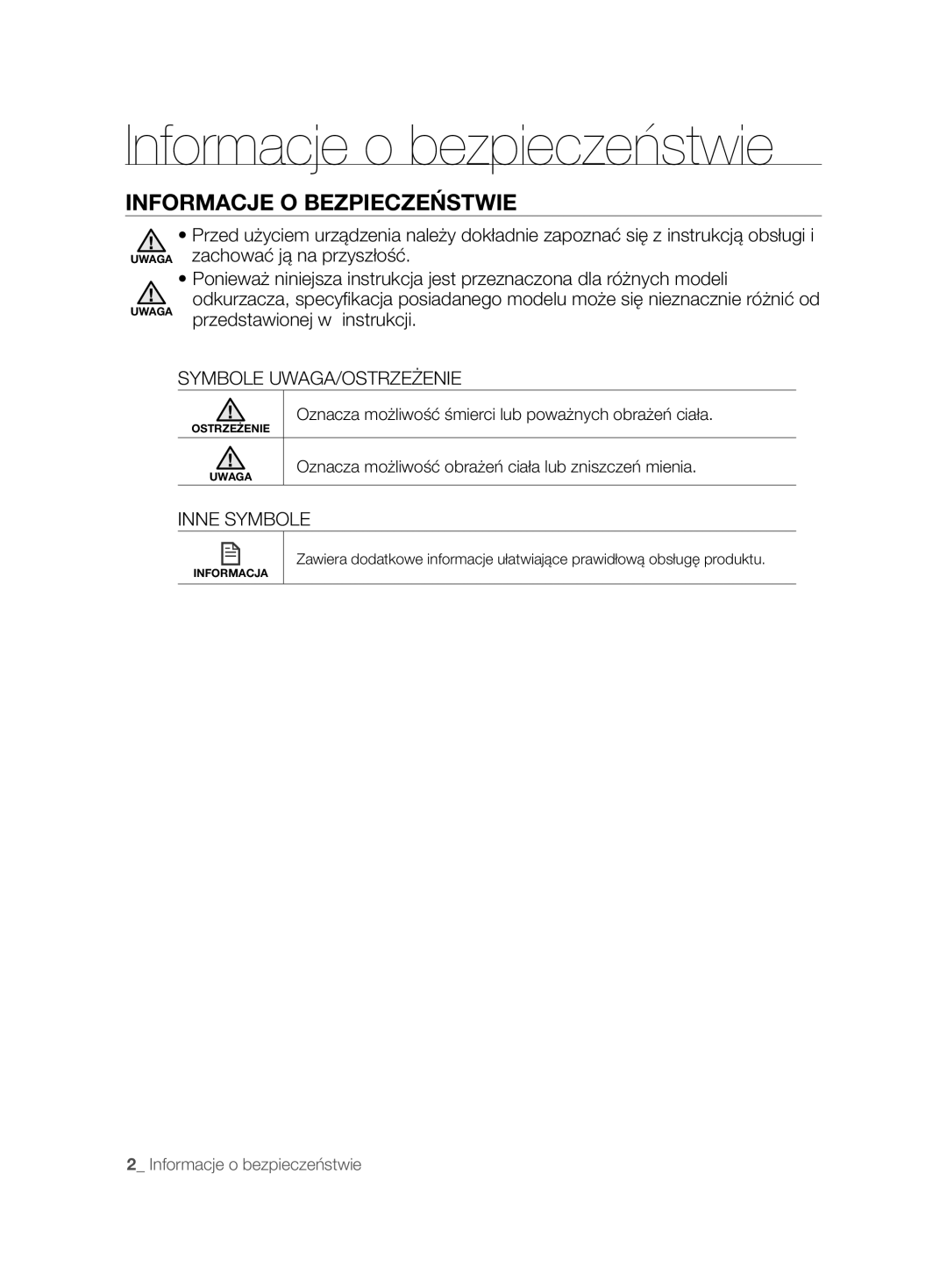 Samsung VCR8895L3A/XEF Informacje o bezpieczeństwie, Informacje O Bezpieczeństwie, Symbole UWAGA/OSTRZEŻENIE, Inne Symbole 