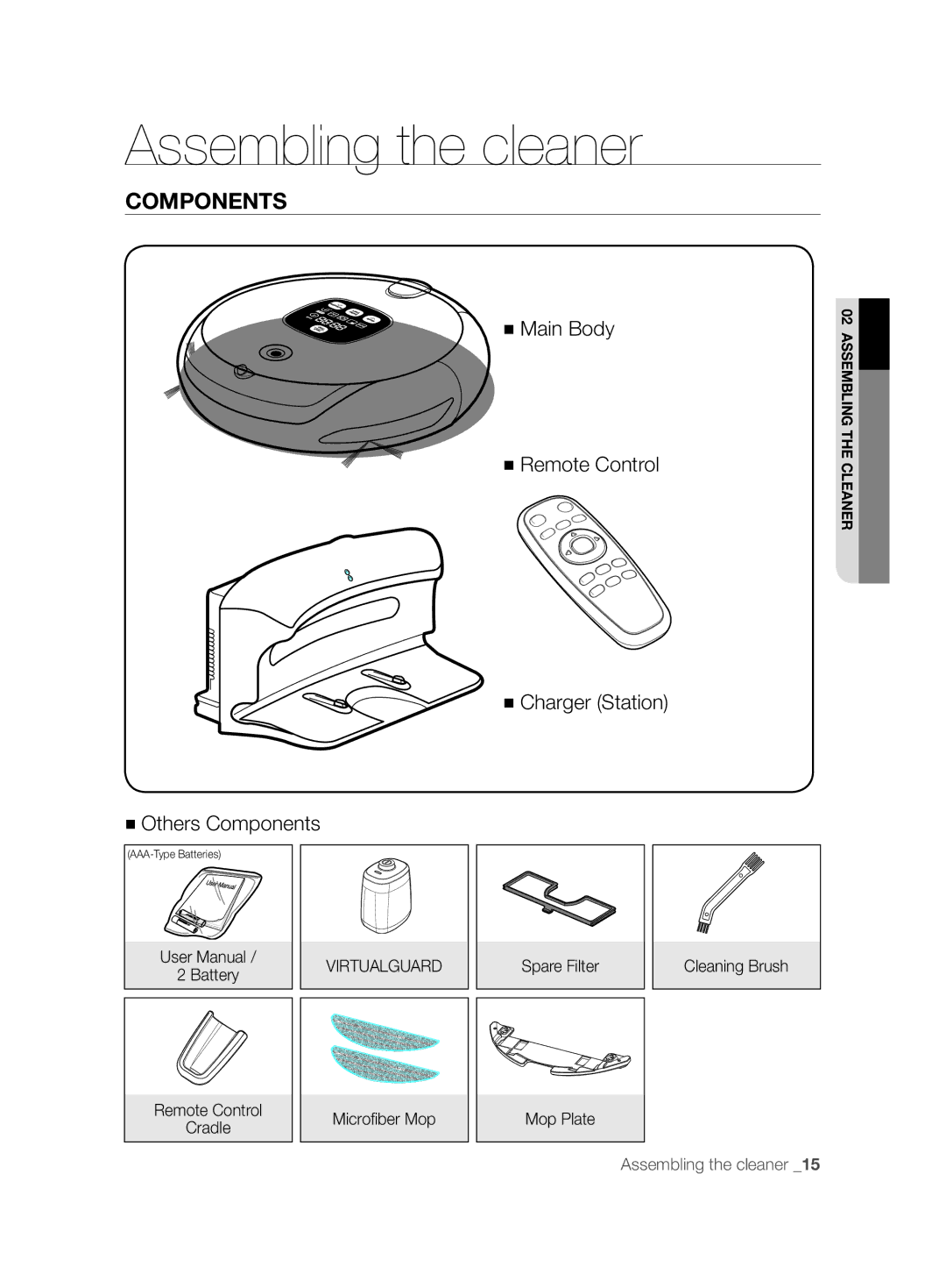 Samsung VCR8895L3A/XEF Assembling the cleaner, Components, Battery Remote Control Cradle, Spare Filter, Cleaning Brush 