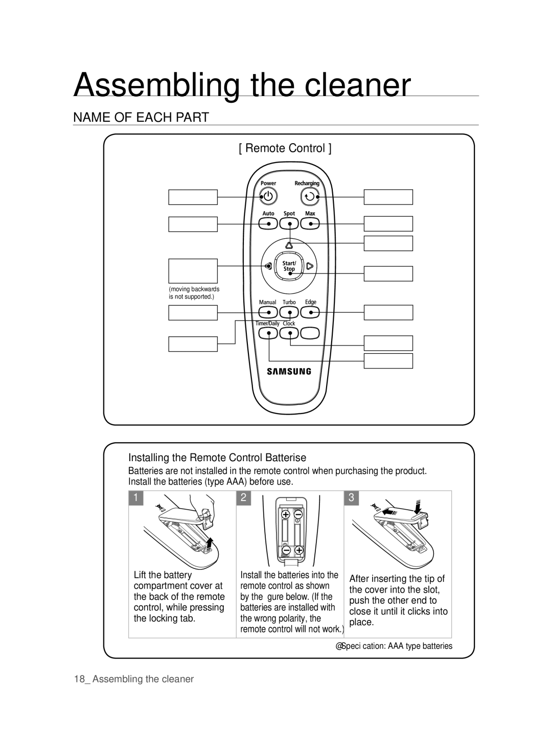 Samsung VCR8895L3A/XEO, VCR8895L3A/XET, VCR8895L3A/XEF, VCR8895L3A/XEE manual Installing the Remote Control Batterise 