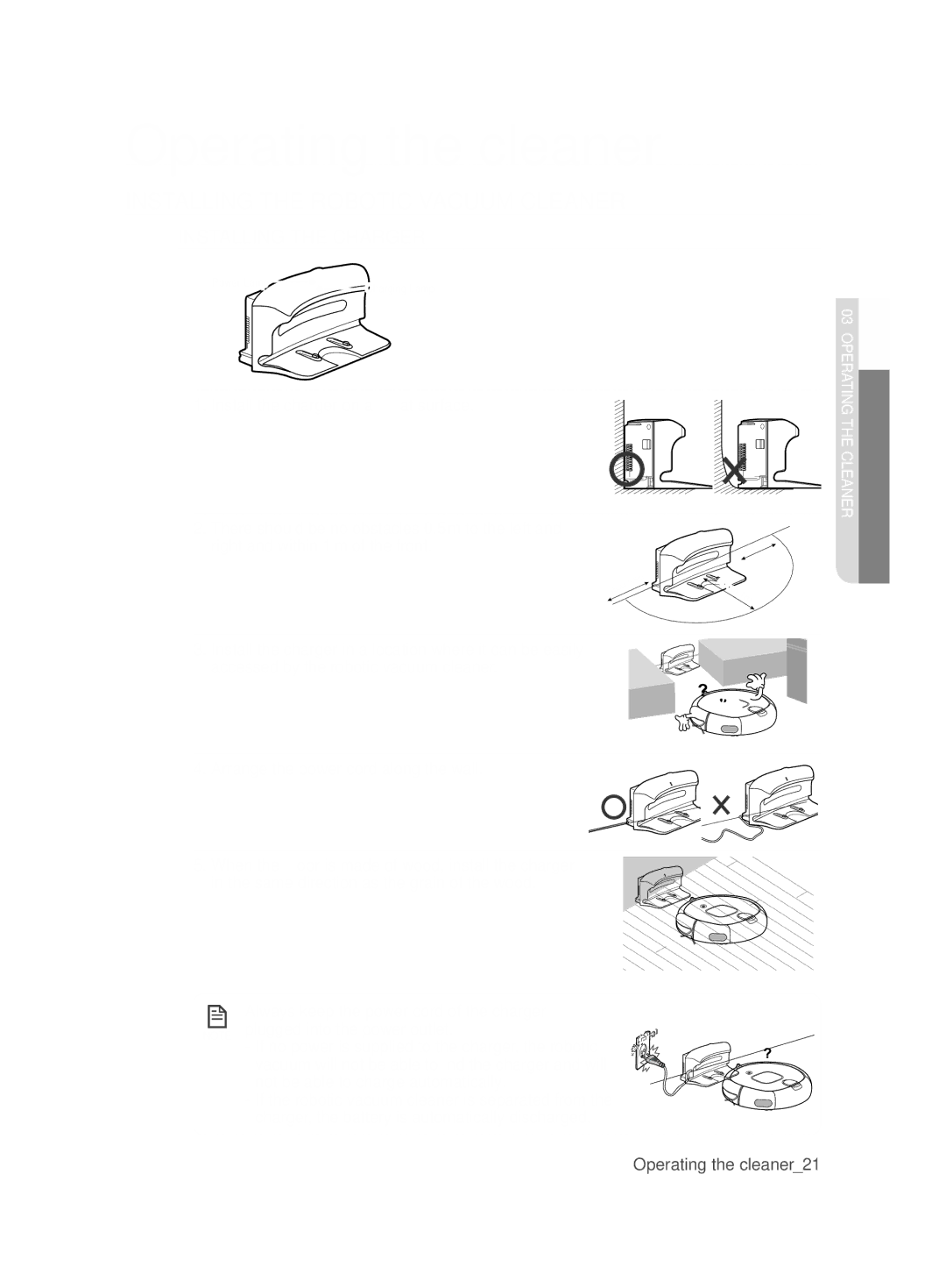 Samsung VCR8895L3A/XEE Installing the Charger, Install the charger on a ﬂat surface, Arrange the power cord along the wall 