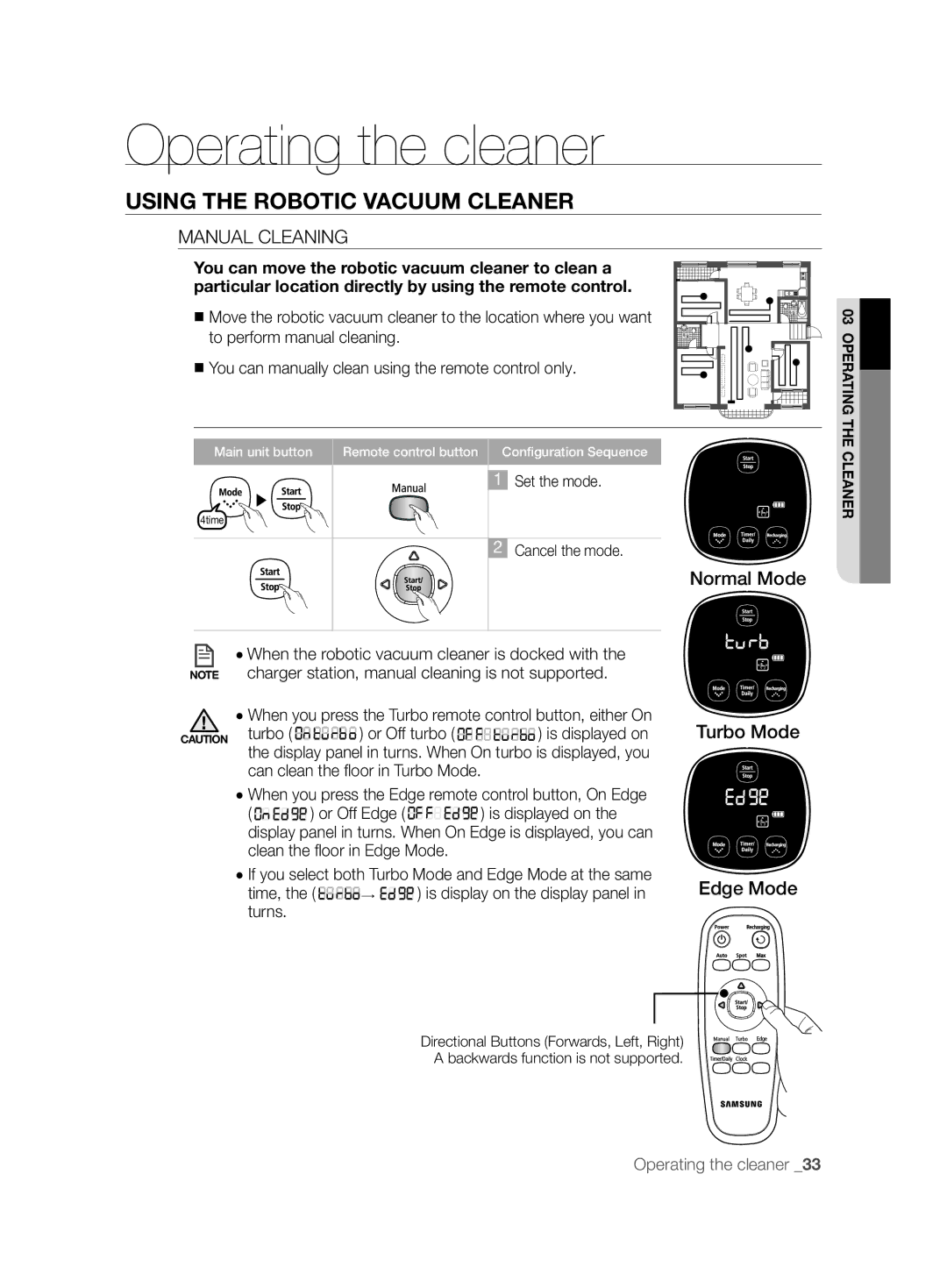 Samsung VCR8895L3A/XEO, VCR8895L3A/XET, VCR8895L3A/XEF, VCR8895L3A/XEE Manual Cleaning, Can clean the ﬂ oor in Turbo Mode 