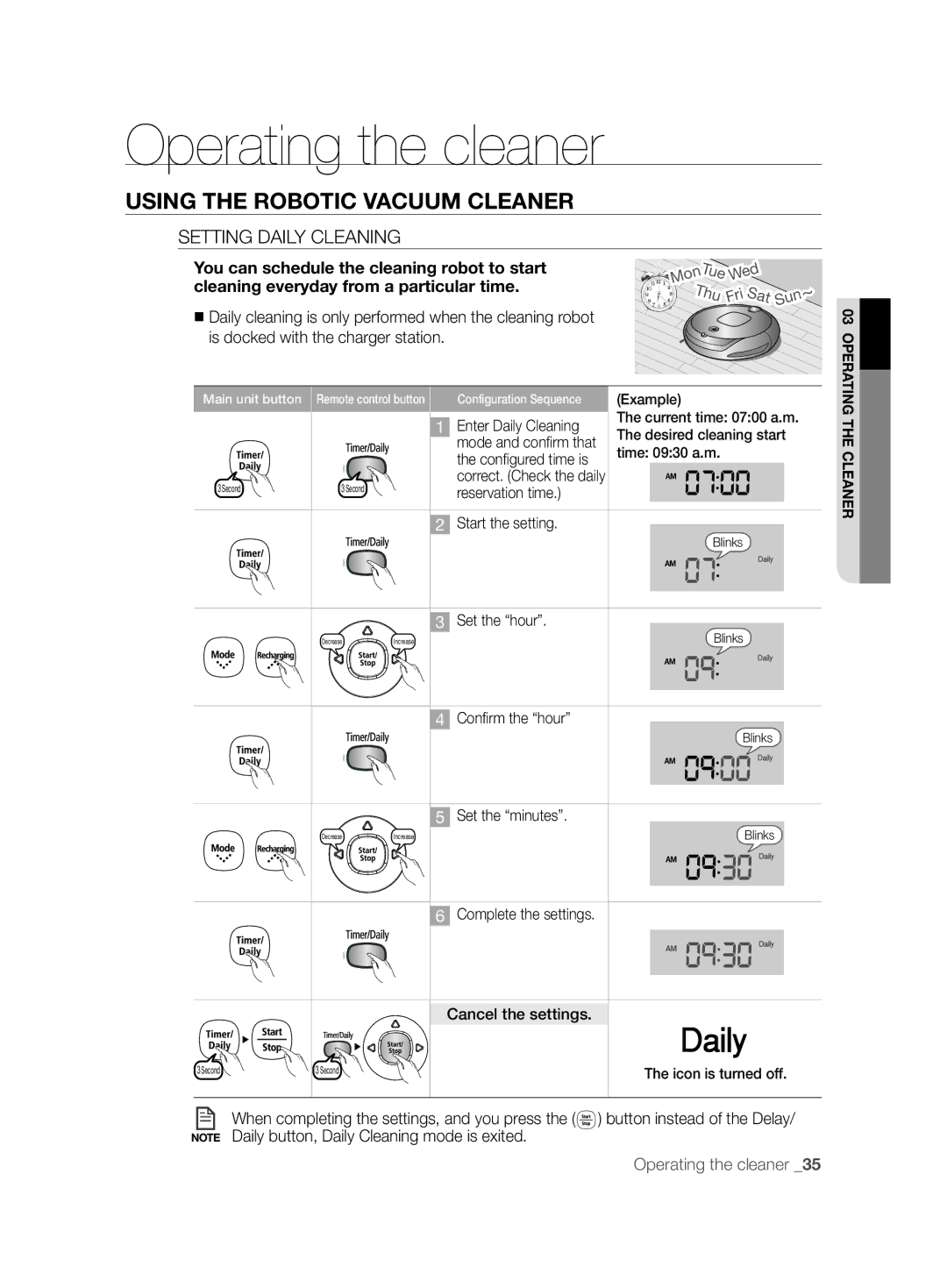 Samsung VCR8895L3A/XEF, VCR8895L3A/XEO, VCR8895L3A/XET, VCR8895L3A/XEE manual Operating the cleaner, Setting Daily Cleaning 