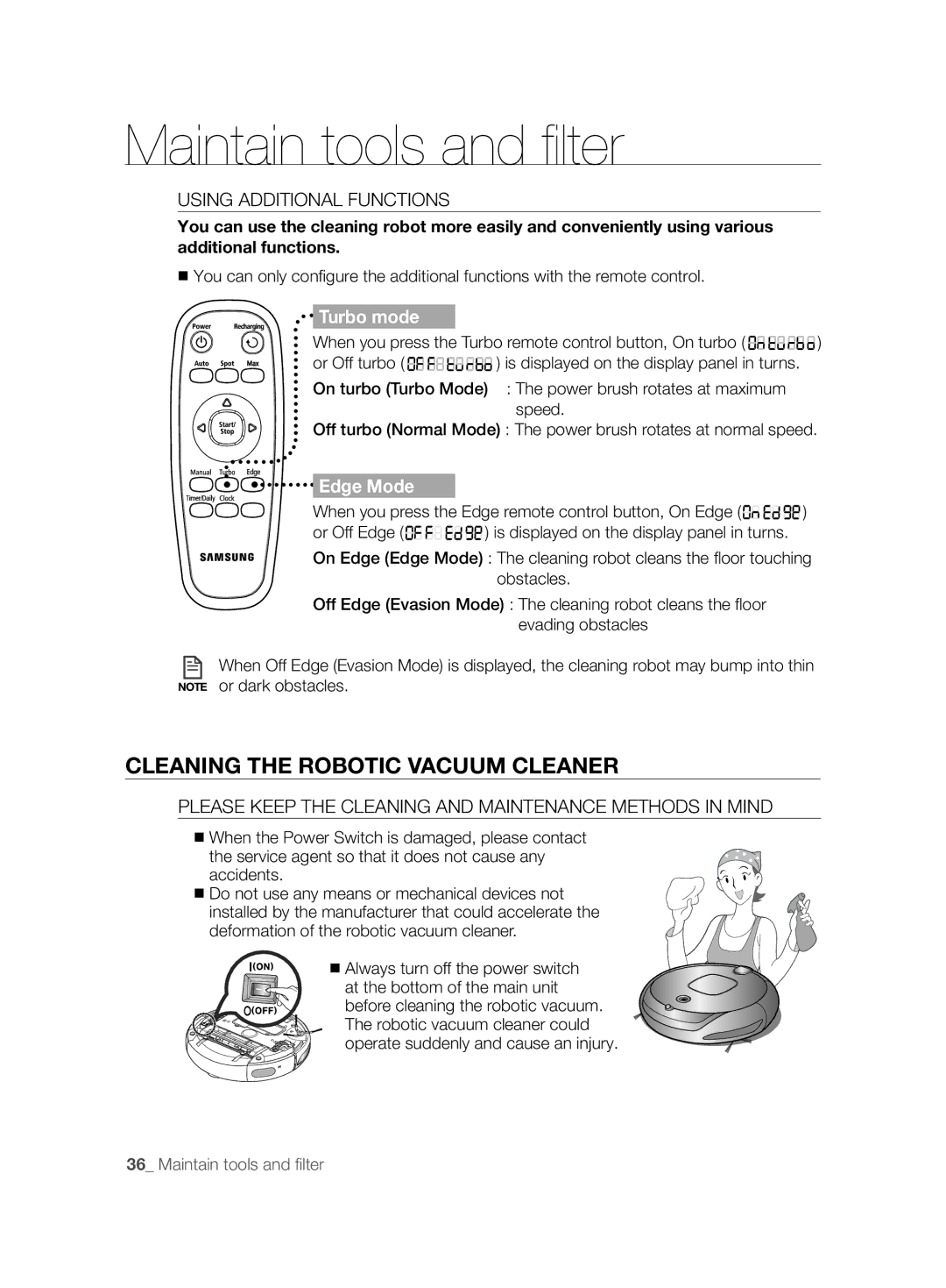 Samsung VCR8895L3A/XEE manual Maintain tools and ﬁ lter, Cleaning the Robotic Vacuum Cleaner, Using Additional Functions 