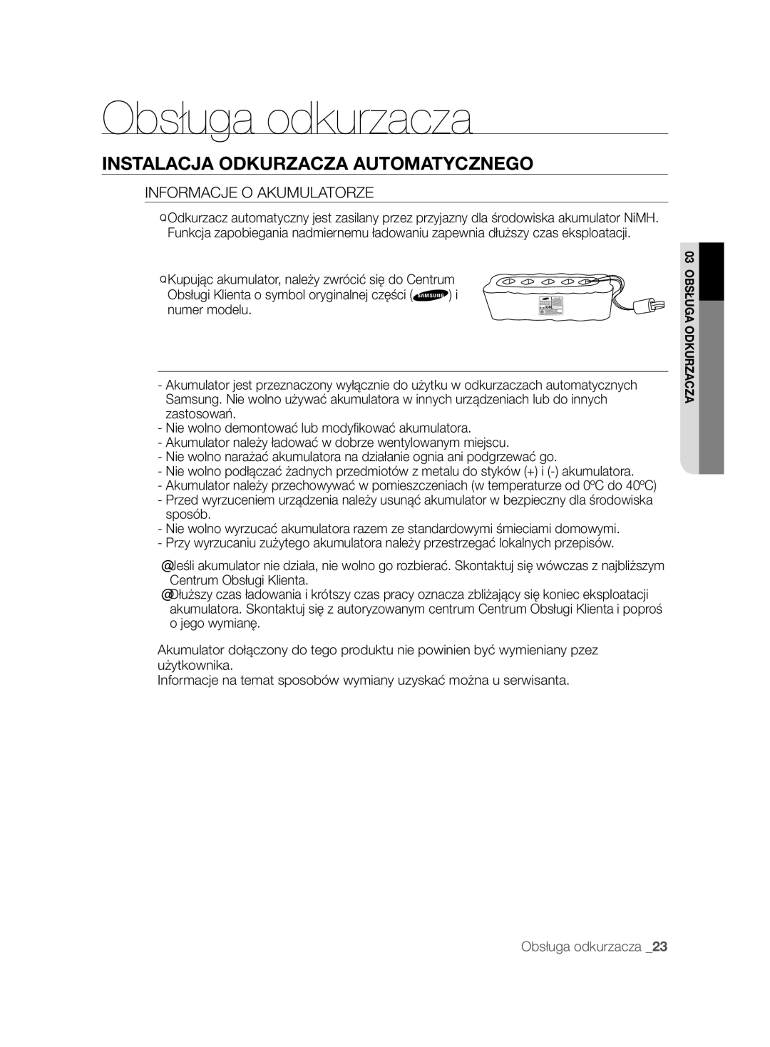 Samsung VCR8895L3A/XEE, VCR8895L3A/XEO, VCR8895L3A/XET, VCR8895L3A/XEF, VCR8895L3B/XAG manual Informacje O Akumulatorze 