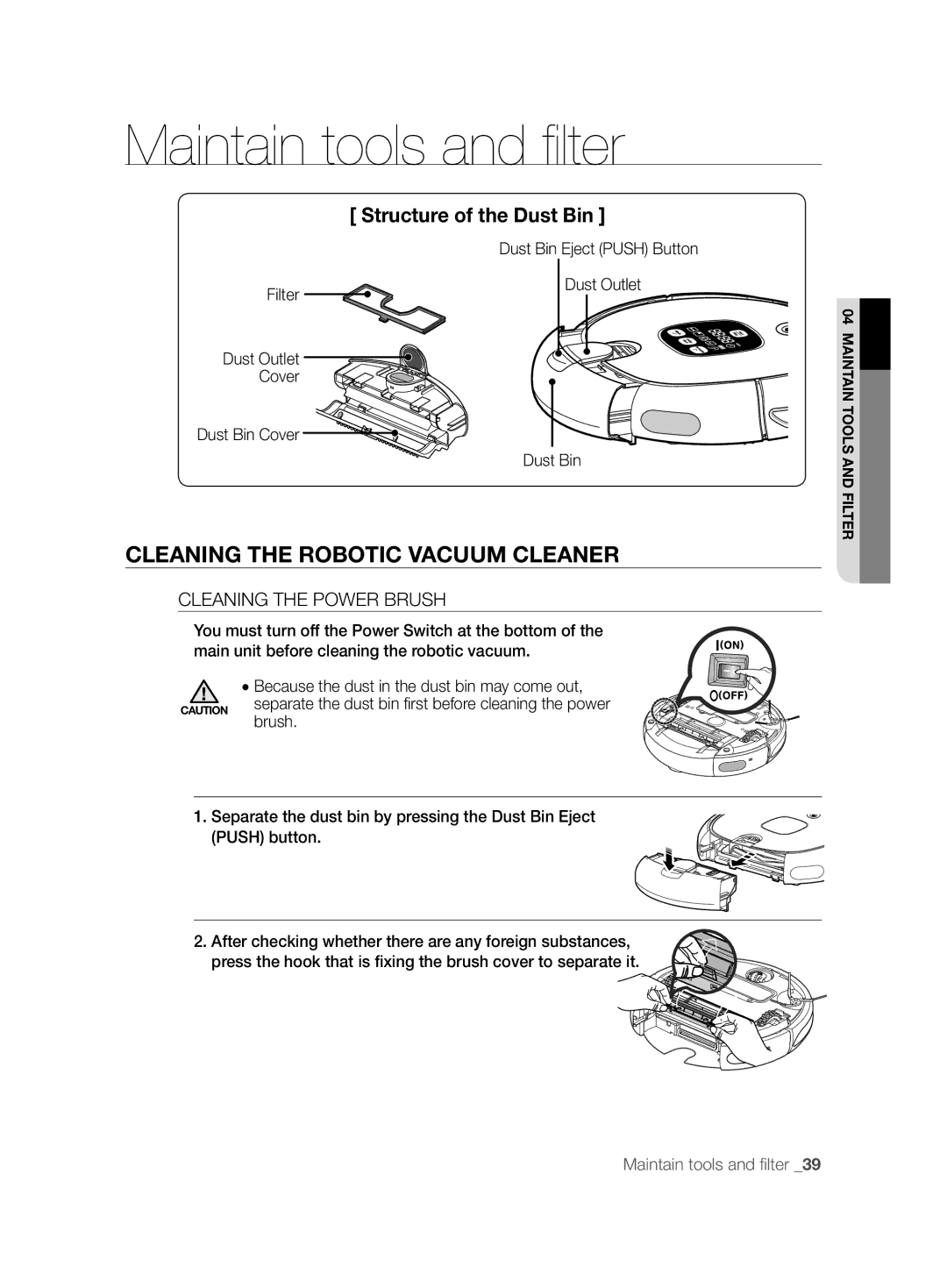 Samsung VCR8895L3A/XET, VCR8895L3A/XEO, VCR8895L3A/XEF, VCR8895L3A/XEE Structure of the Dust Bin, Cleaning the Power Brush 