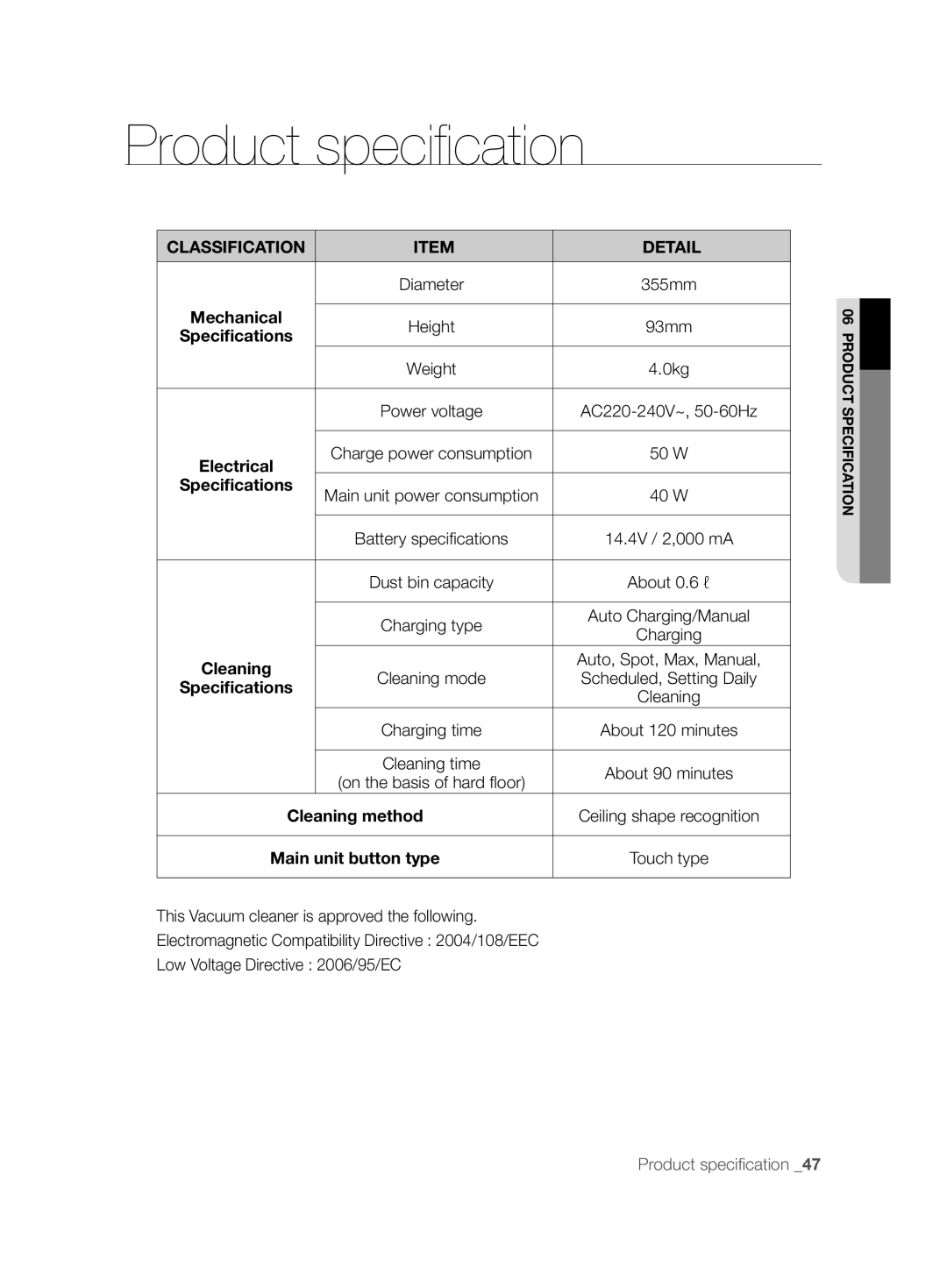 Samsung VCR8895L3B/XAG manual Classification Detail, Speciﬁcations, About 0.6 ℓ, Cleaning method, Main unit button type 