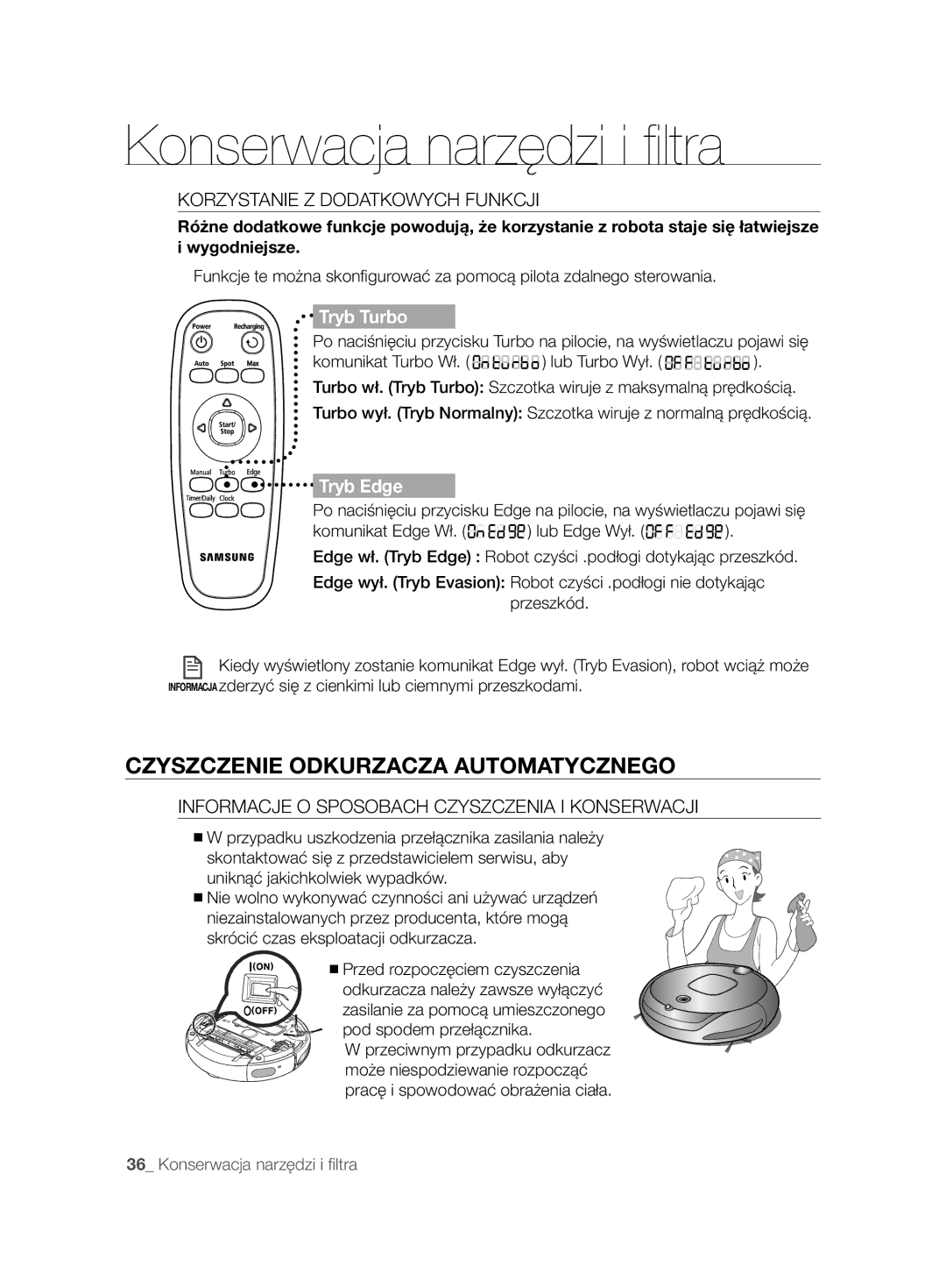 Samsung VCR8895L3A/XET, VCR8895L3A/XEO, VCR8895L3A/XEF Konserwacja narzędzi i ﬁ ltra, Czyszczenie Odkurzacza Automatycznego 