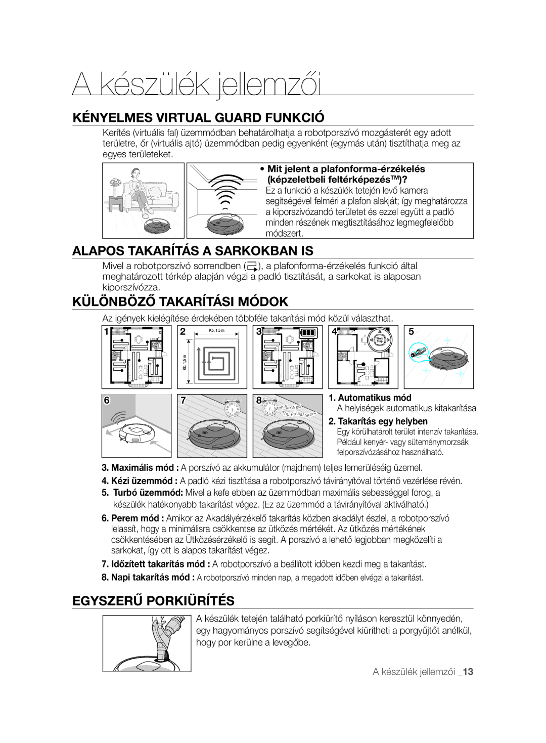 Samsung VCR8895L3A/XET manual Készülék jellemzői, Kényelmes Virtual Guard Funkció, Alapos Takarítás a Sarkokban is 