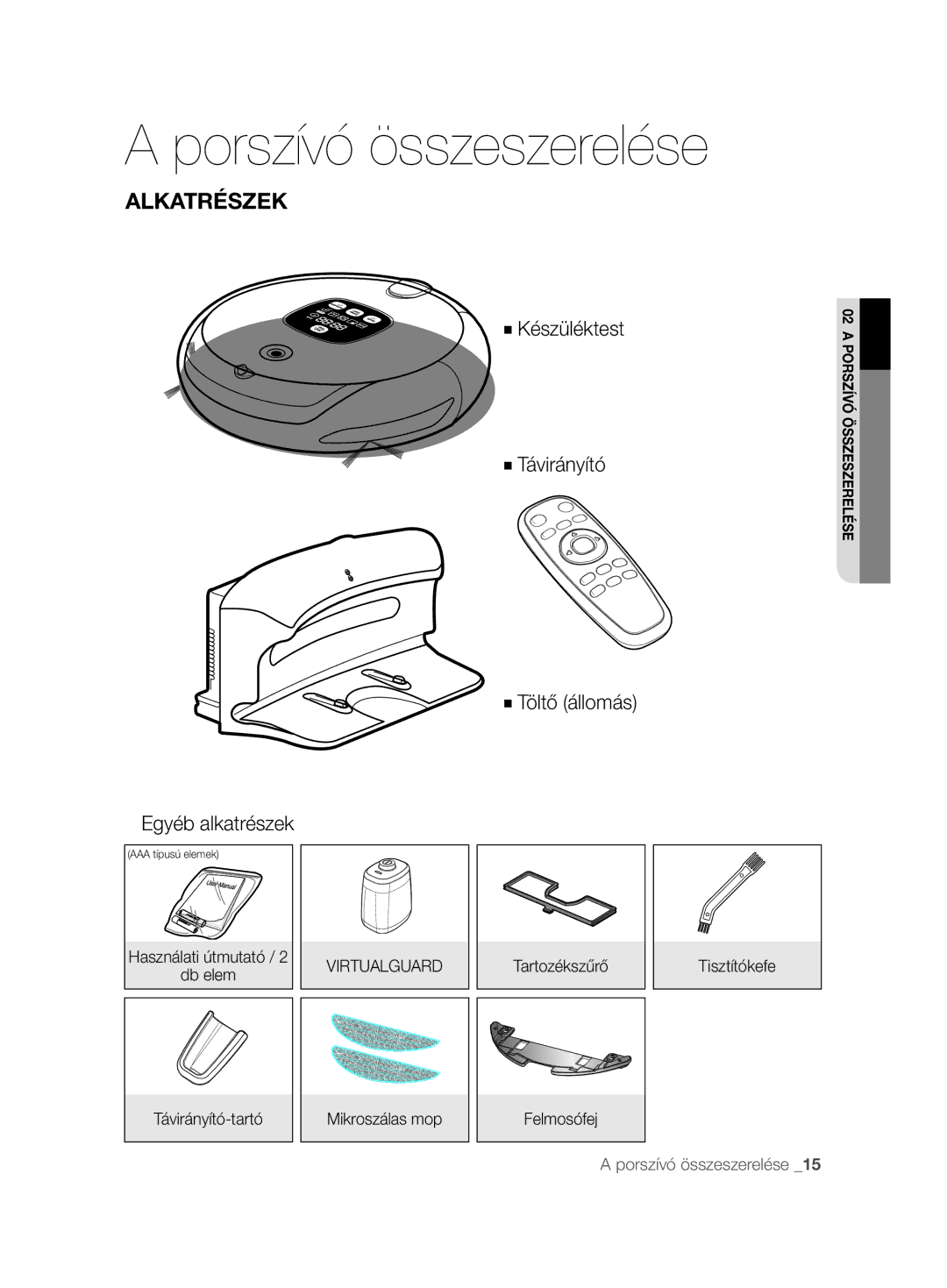 Samsung VCR8895L3A/XEE, VCR8895L3A/XEO manual Porszívó összeszerelése, Alkatrészek, Db elem Távirányító-tartó, Tisztítókefe 