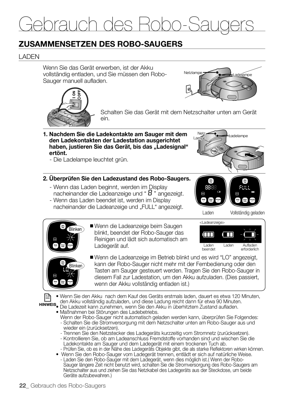 Samsung VCR8895L3A/XET, VCR8895L3A/XEO, VCR8895L3A/XEF manual Laden, Überprüfen Sie den Ladezustand des Robo-Saugers 