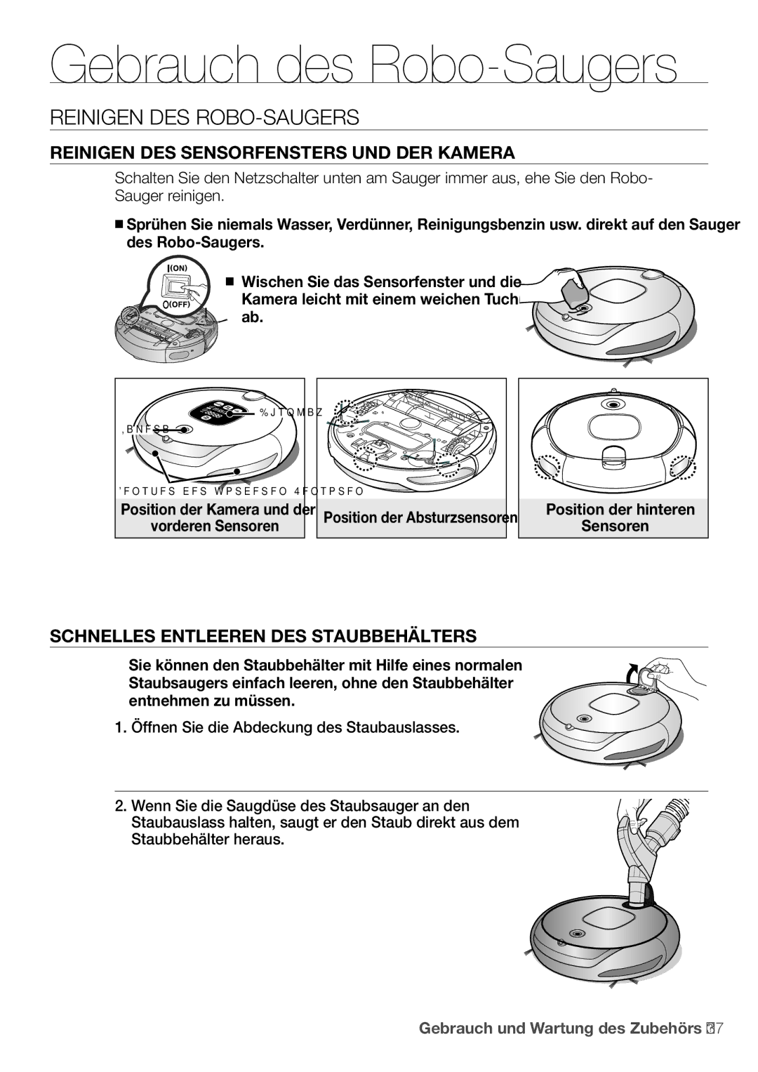 Samsung VCR8895L3A/XET manual Reinigen DES ROBO-SAUGERS, Reinigen des sensorfensters und der kamera, Vorderen Sensoren 