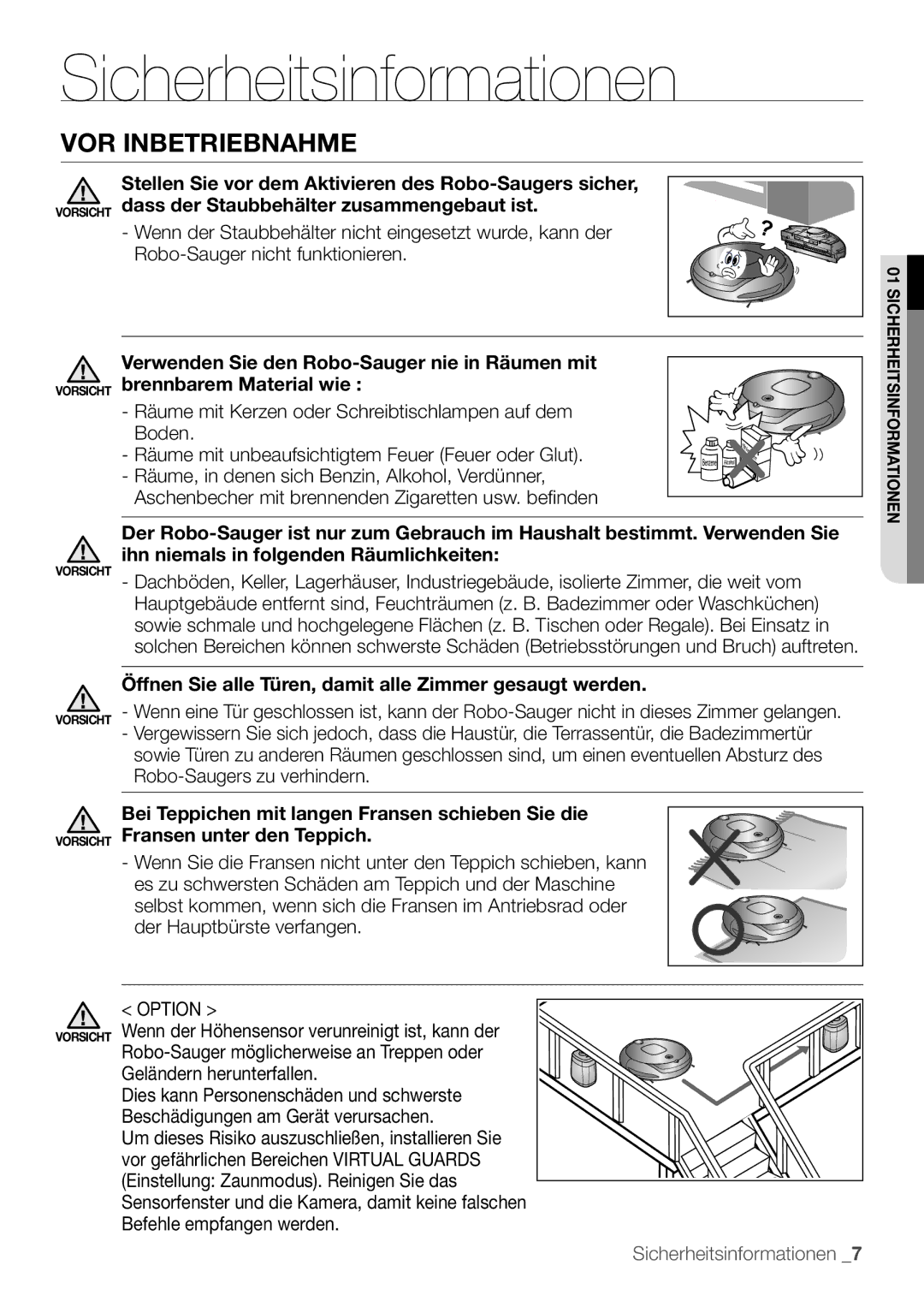 Samsung VCR8895L3A/XET, VCR8895L3A/XEO manual Vor inbetriebnahme, Räume mit Kerzen oder Schreibtischlampen auf dem Boden 