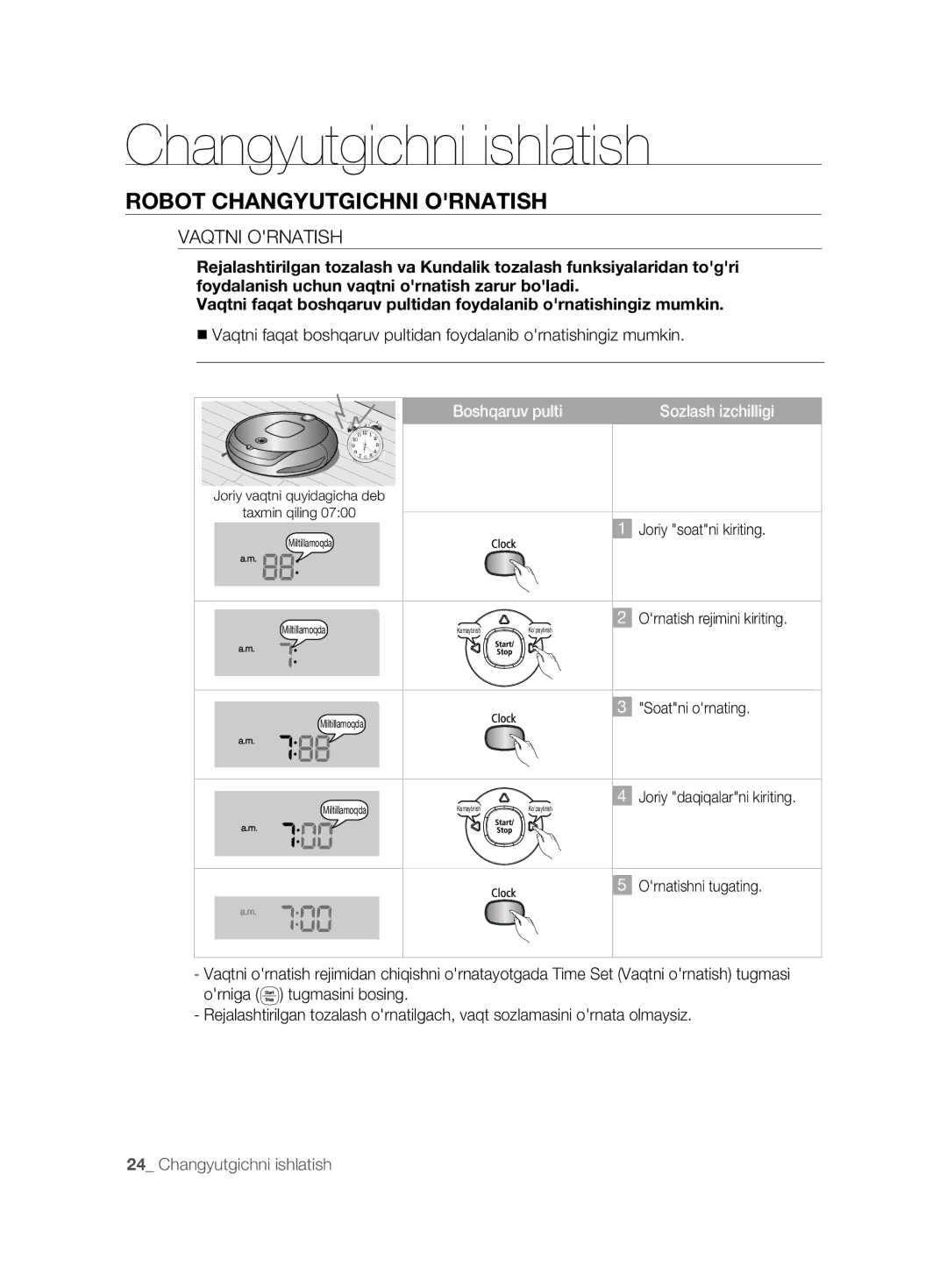 Samsung VCR8895L3A/XEO, VCR8895L3A/XEV manual Vaqtni Ornatish, Sozlash izchilligi 