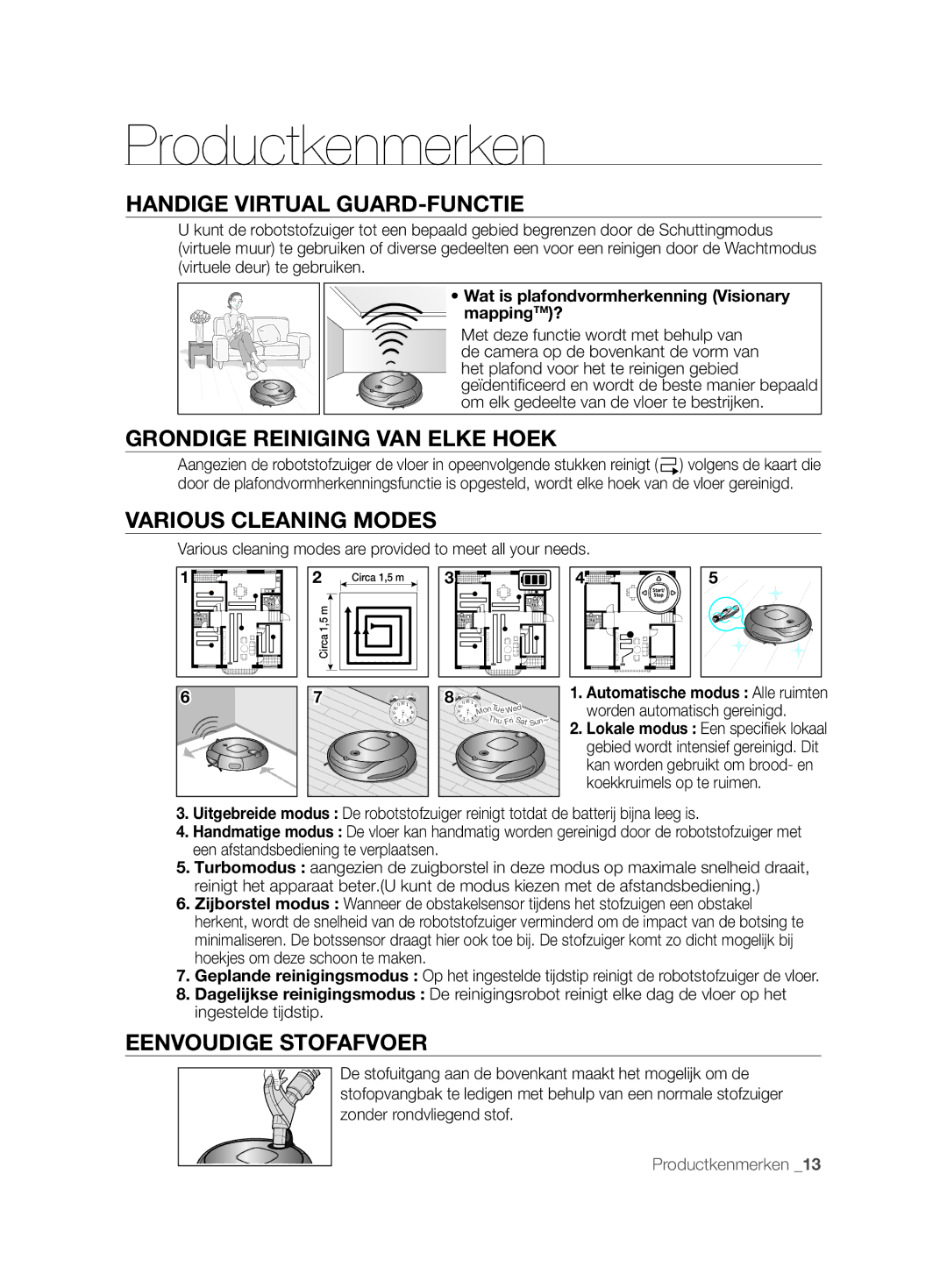 Samsung VCR8897L3R/XEG manual Productkenmerken, Handige Virtual GUARD-FUNCTIE, Grondige Reiniging VAN Elke Hoek 