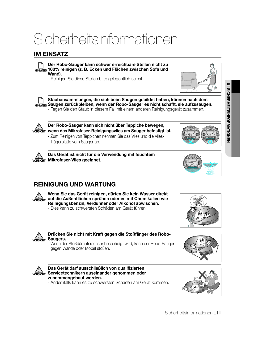 Samsung VCR8897L3R/XEG manual Reinigung UND Wartung, Drücken Sie nicht mit Kraft gegen die Stoßfänger des Robo 