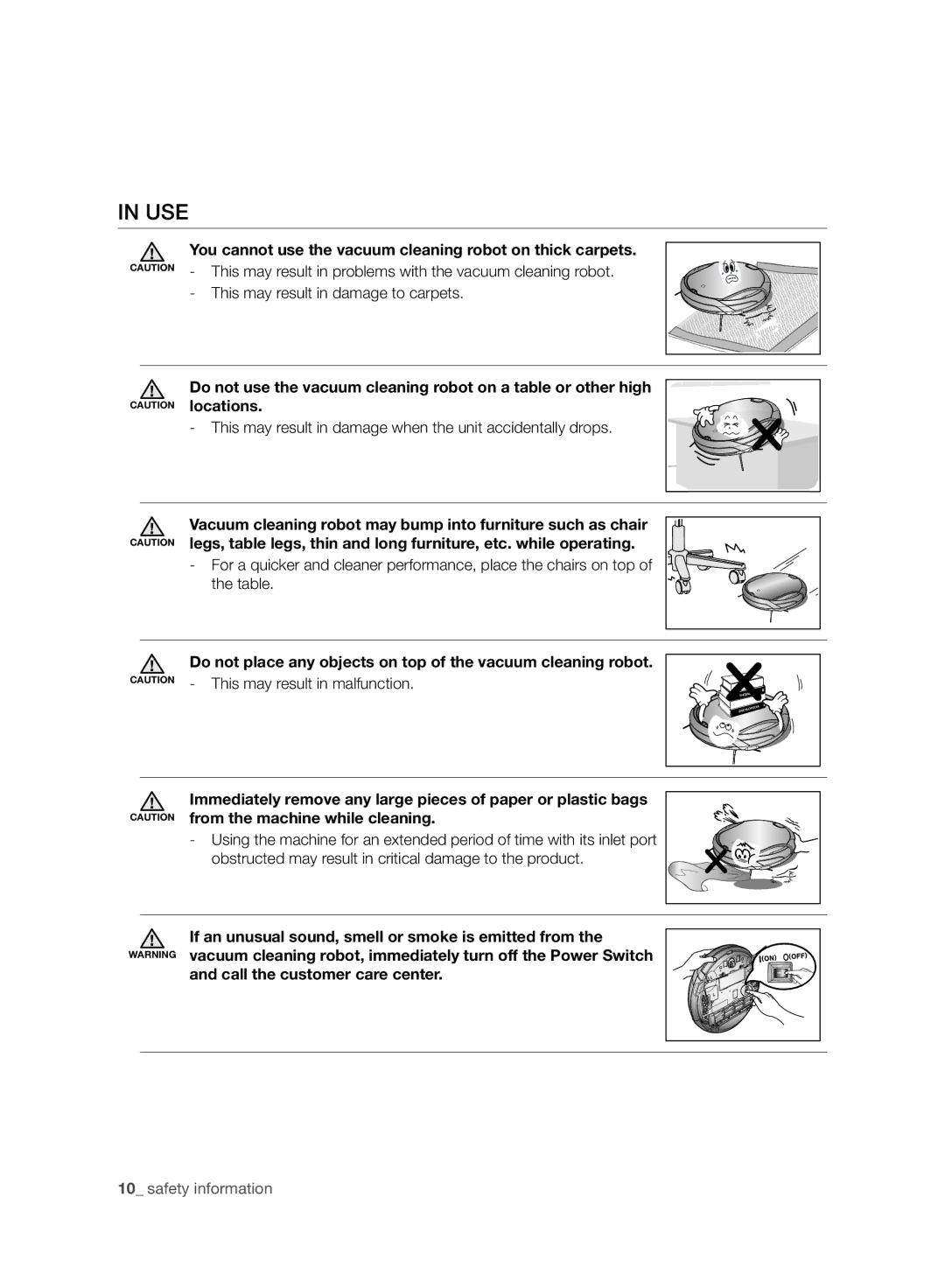 Samsung VCR8930L3R/XET manual Use, You cannot use the vacuum cleaning robot on thick carpets, Call the customer care center 