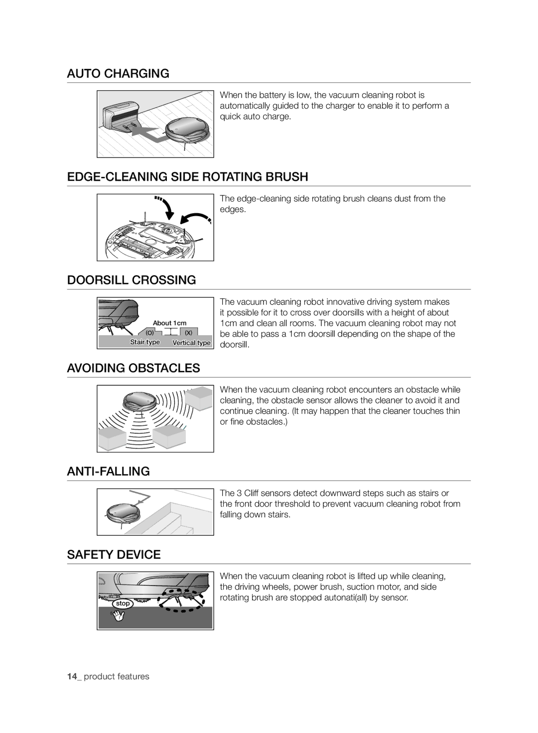 Samsung VCR8930L3R/XET manual Auto Charging, EDGE-CLEANING Side Rotating Brush, Doorsill Crossing, Avoiding Obstacles 