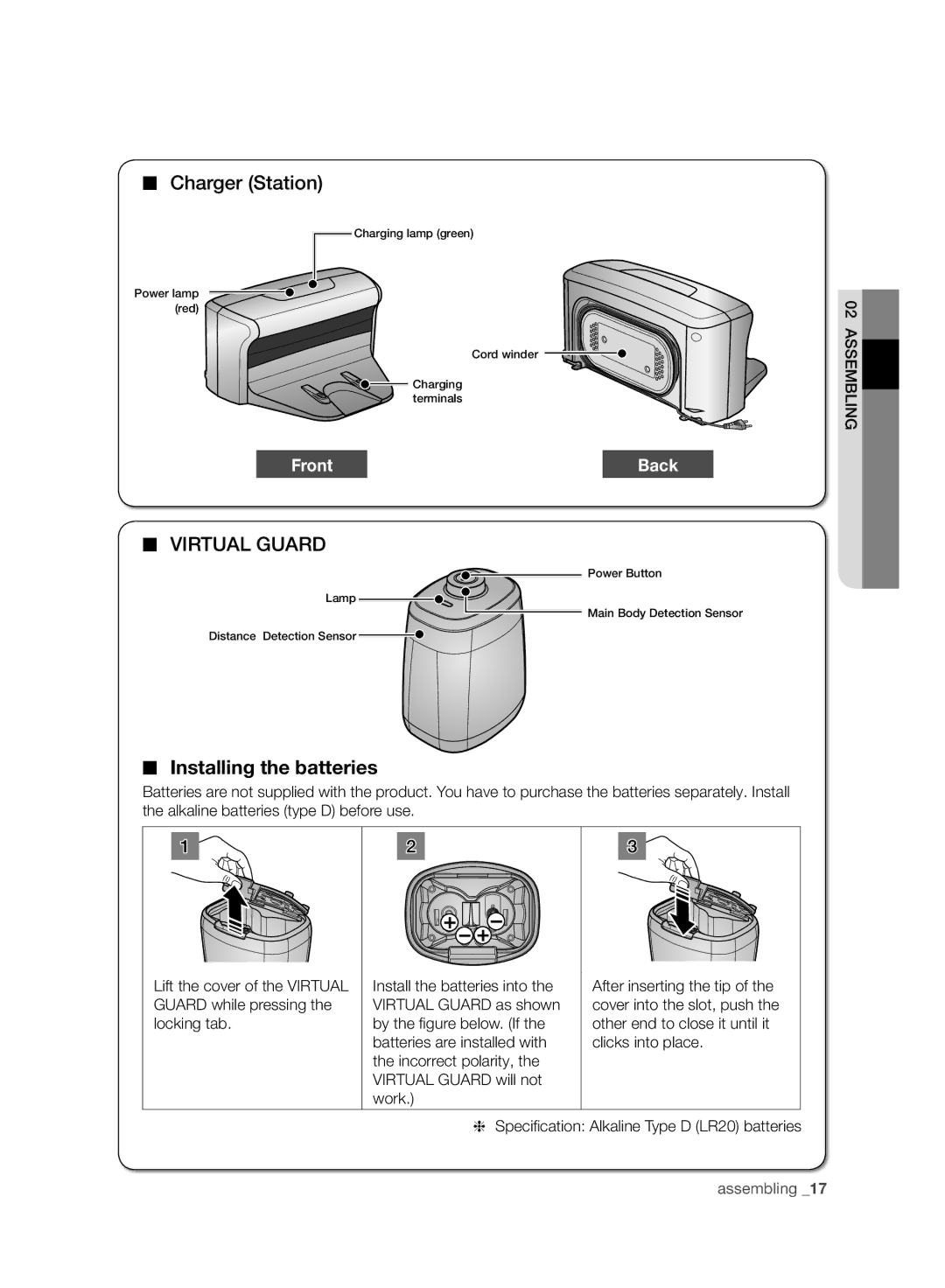 Samsung VCR8930L3R/XEE, VCR8930L3R/XET manual Installing the batteries, Back 