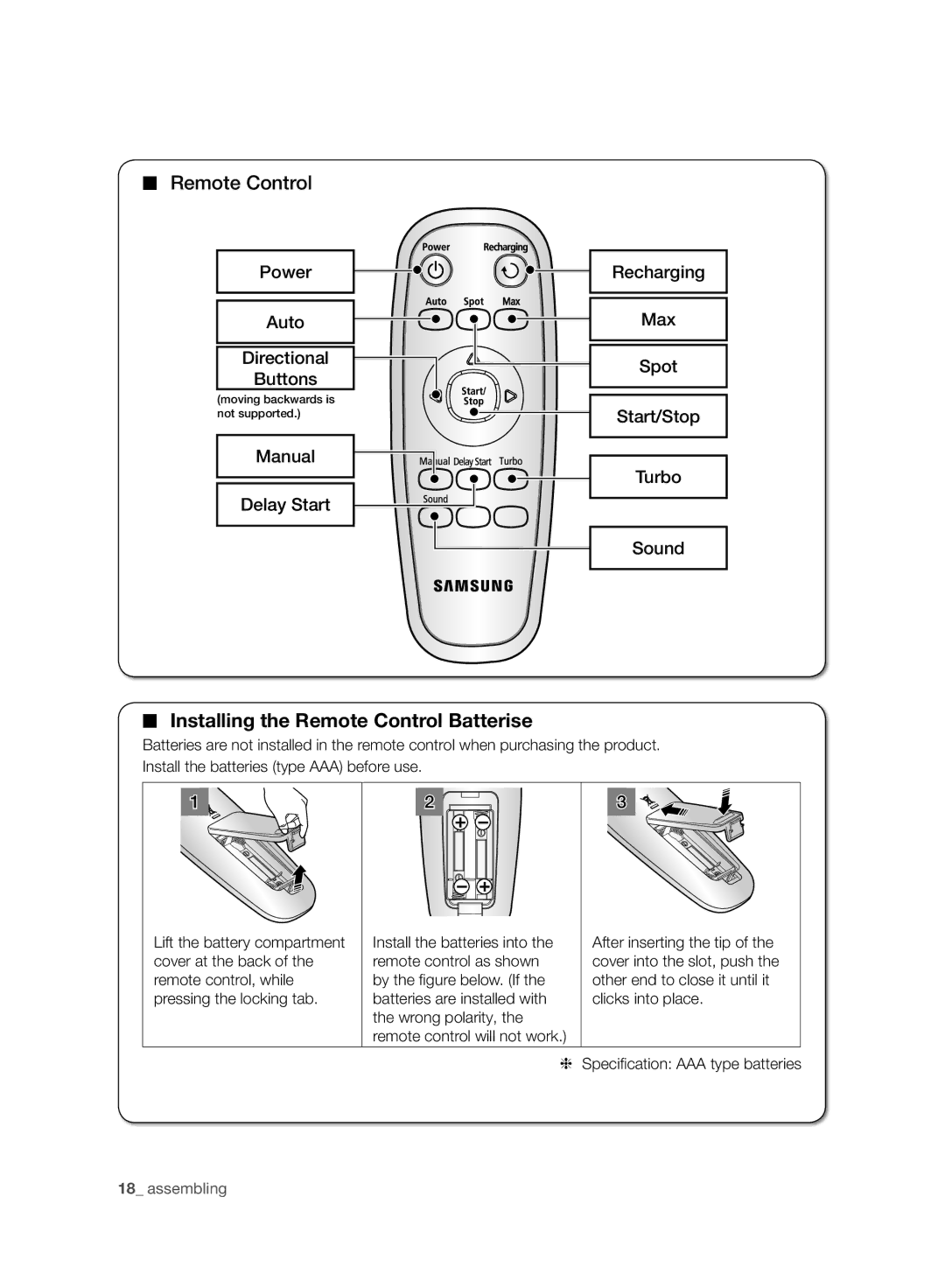 Samsung VCR8930L3R/XET, VCR8930L3R/XEE manual Installing the Remote Control Batterise, Power Auto Directional Buttons 