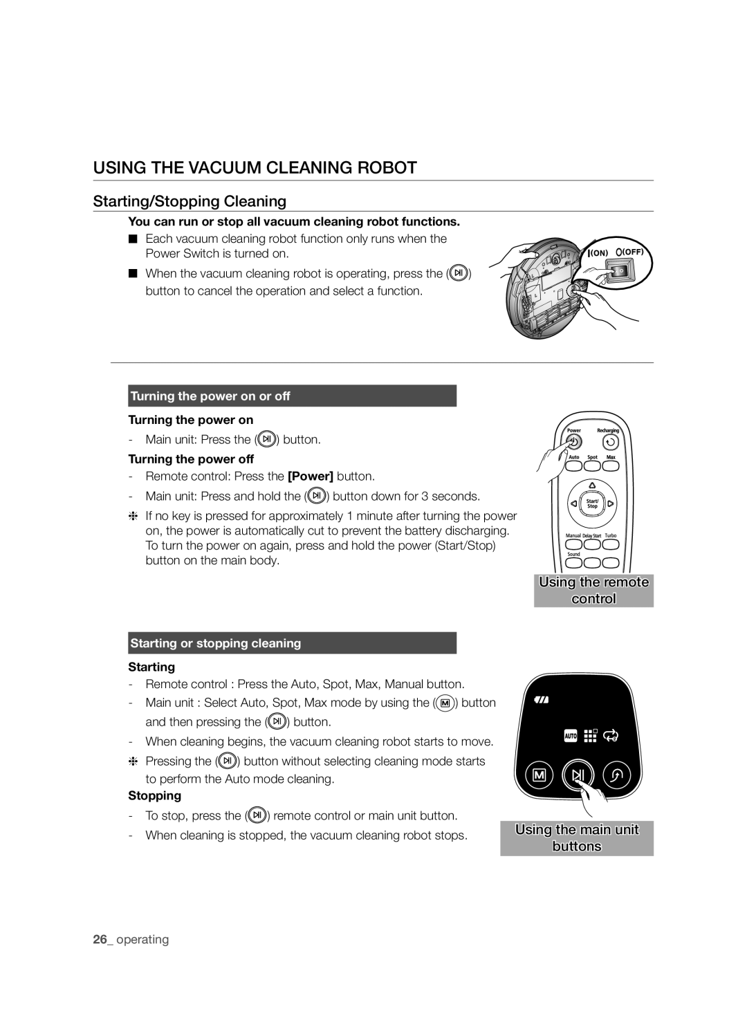 Samsung VCR8930L3R/XET manual Using the Vacuum Cleaning Robot, Starting/Stopping Cleaning, Using the remote Control 