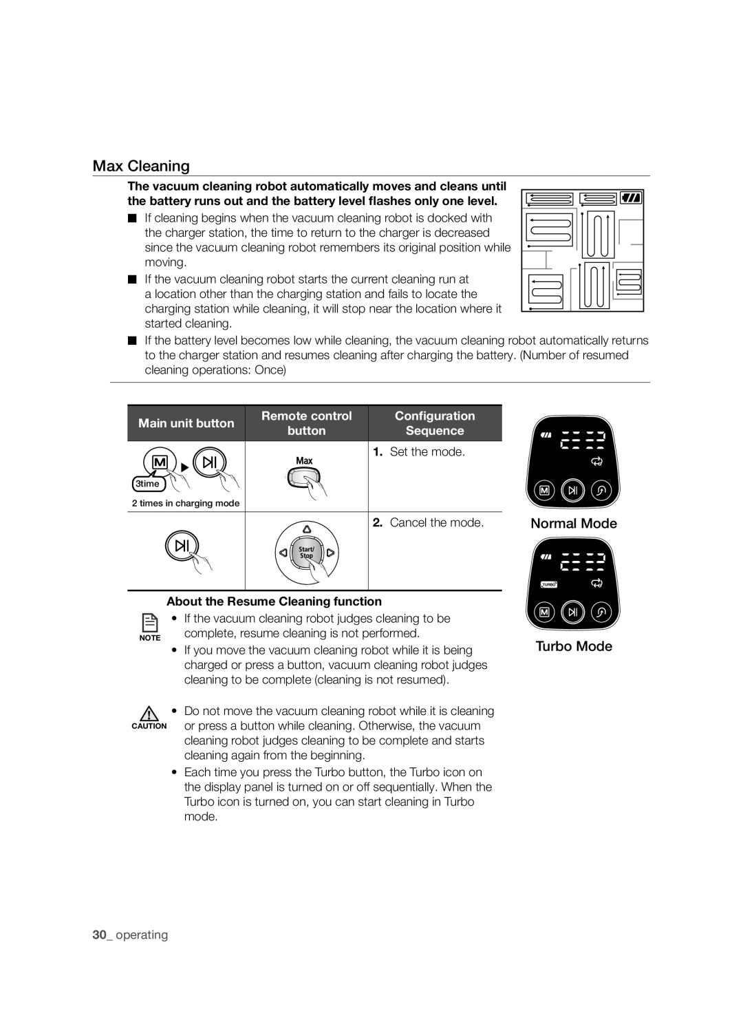 Samsung VCR8930L3R/XET Max Cleaning, Turbo Mode, Cancel the mode, If you move the vacuum cleaning robot while it is being 