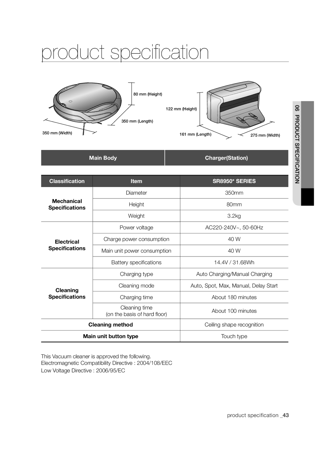 Samsung VCR8930L3R/XEE, VCR8930L3R/XET manual Main Body, ChargerStation, Speciﬁcations 