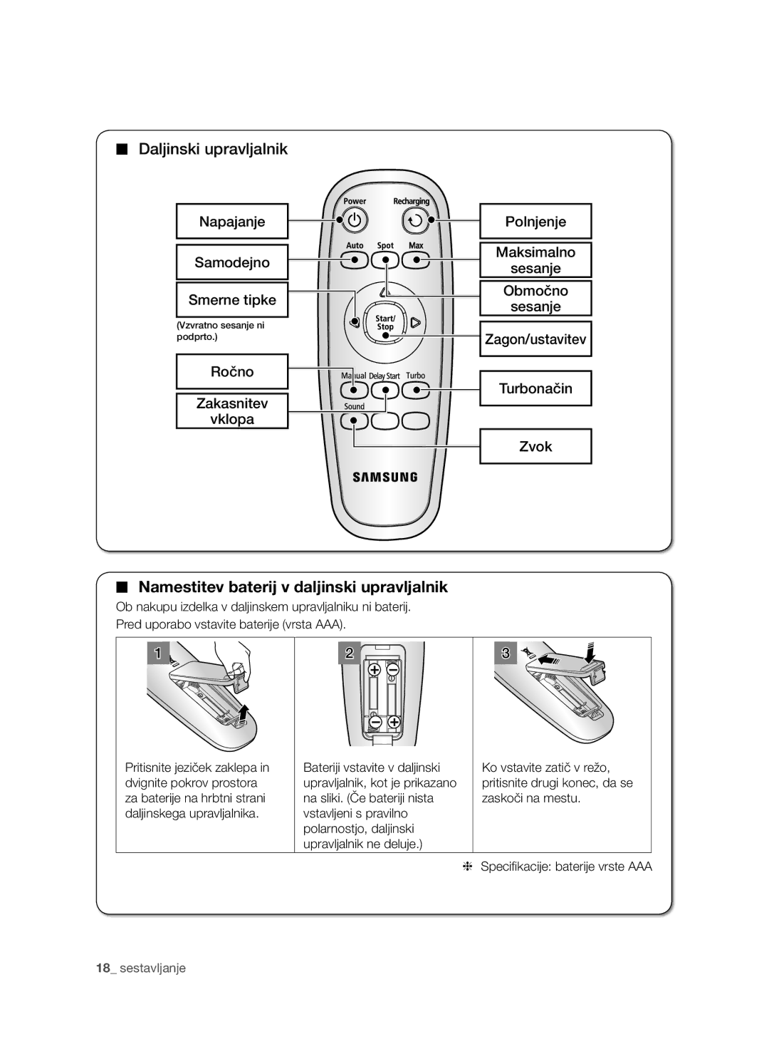 Samsung VCR8930L3R/XET, VCR8930L3R/XEE manual Namestitev baterij v daljinski upravljalnik, Napajanje Samodejno Smerne tipke 