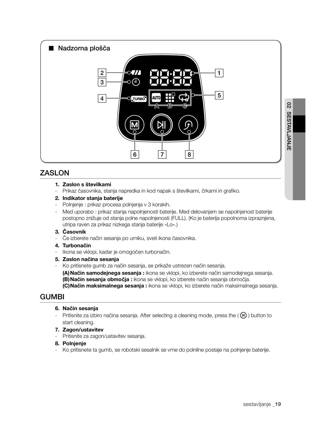 Samsung VCR8930L3R/XEE, VCR8930L3R/XET manual Zaslon, Gumbi, Nadzorna plošča 