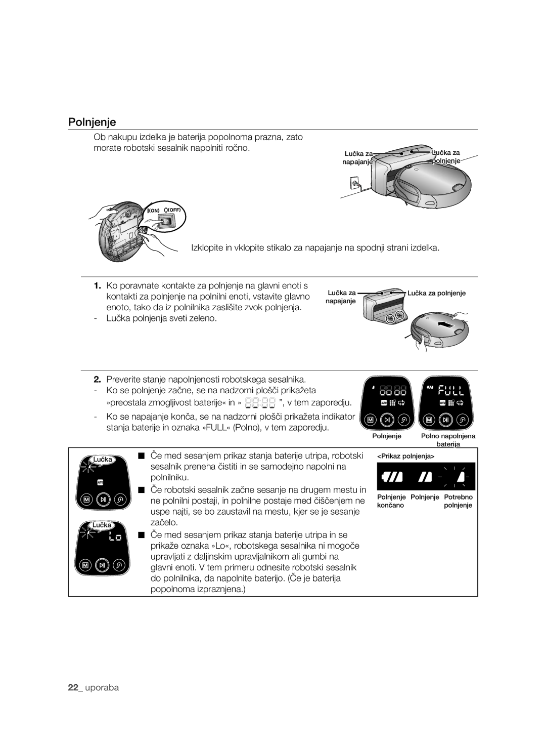 Samsung VCR8930L3R/XET, VCR8930L3R/XEE manual Polnjenje, Lučka polnjenja sveti zeleno 