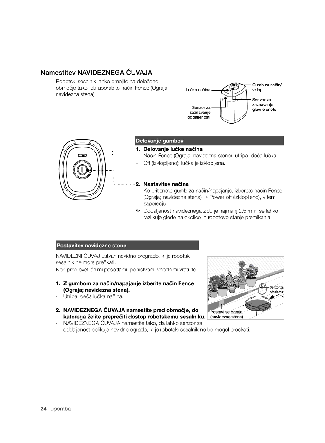 Samsung VCR8930L3R/XET, VCR8930L3R/XEE manual Namestitev Navideznega Čuvaja, Delovanje gumbov, Postavitev navidezne stene 